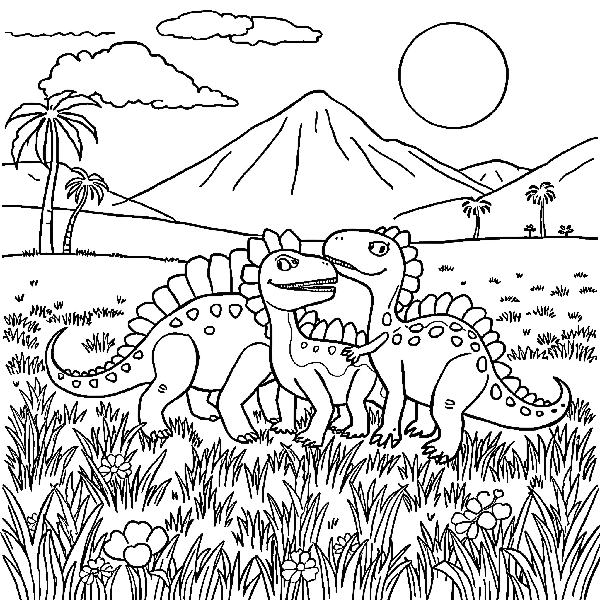 Dinosaurs roaming in a tropical landscape Coloring Page (free black-and-white line drawing printable PDF for all, from beginners to advanced learners, including children, teens, adults, and seniors)
