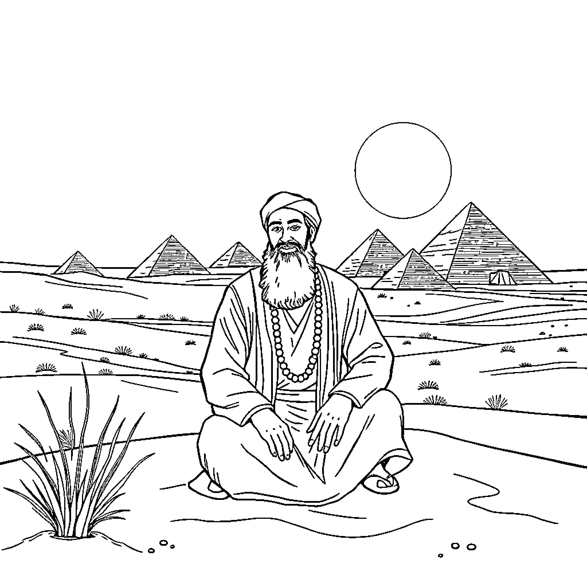 Rumi meditating amidst the Pyramids Coloring Page (free black-and-white line drawing printable PDF for all, from beginners to advanced learners, including children, teens, adults, and seniors)
