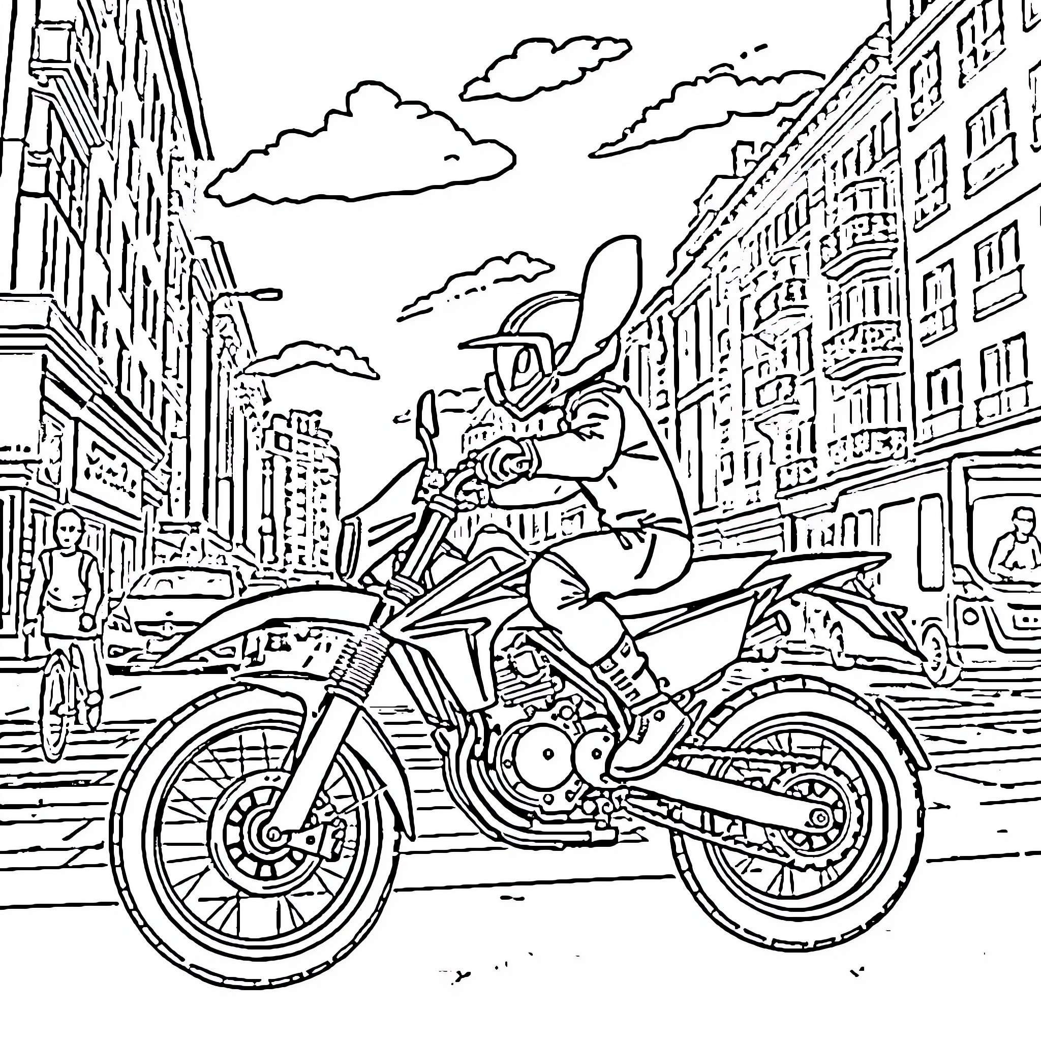 Stitch riding a motorcycle through the city Coloring Page (free black-and-white line drawing printable PDF for all, from beginners to advanced learners, including children, teens, adults, and seniors)