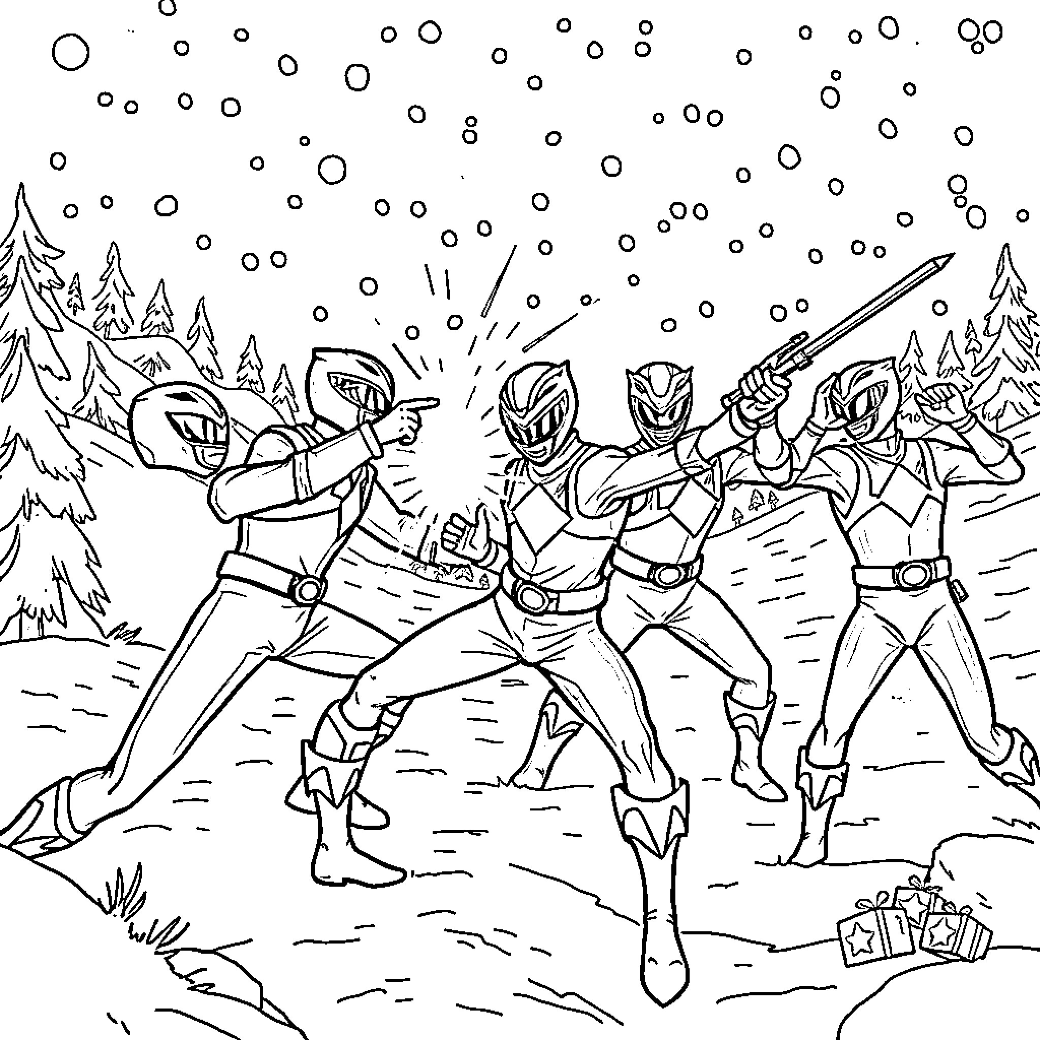 Power Rangers Battling in the Snowy Wilderness Coloring Page (free black-and-white line drawing printable PDF for all, from beginners to advanced learners, including children, teens, adults, and seniors)