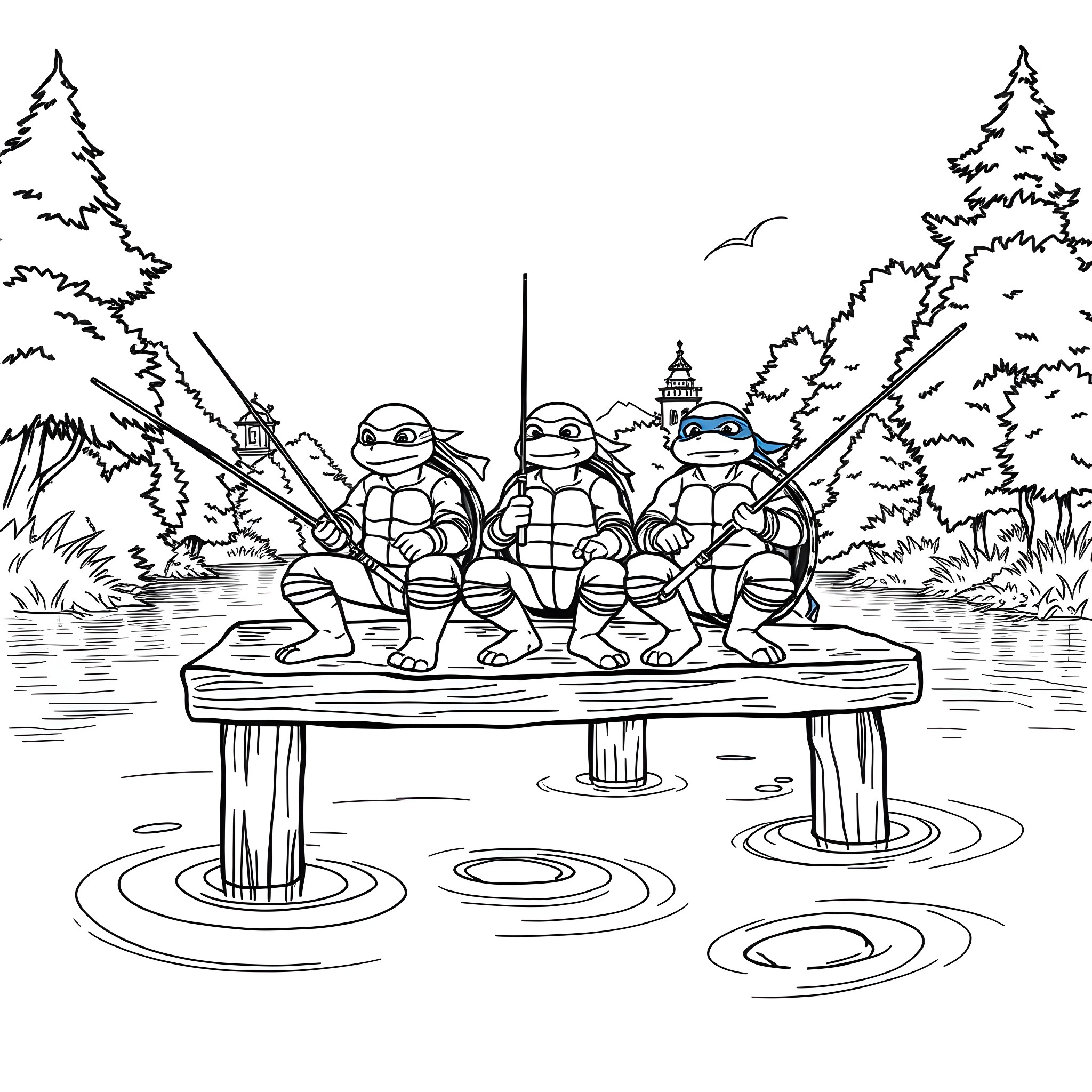 Ninja Turtles relaxing on a wooden dock in the forest Coloring Page (free black-and-white line drawing printable PDF for all, from beginners to advanced learners, including children, teens, adults, and seniors)
