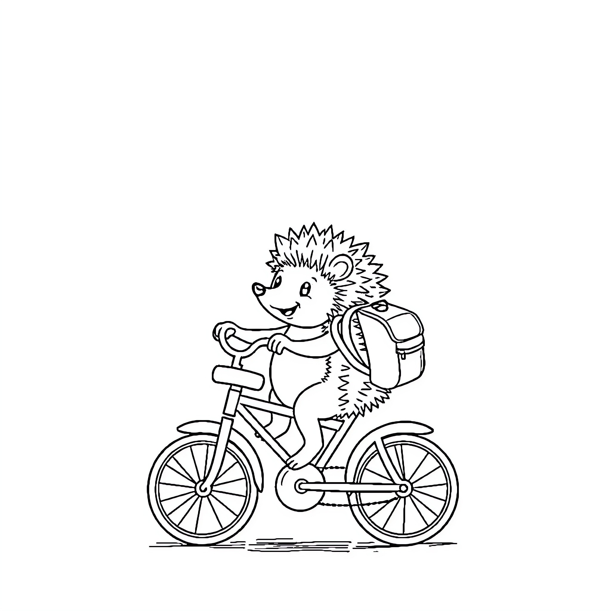 Hedgehog riding a bicycle happily Coloring Page (free black-and-white line drawing printable PDF for all, from beginners to advanced learners, including children, teens, adults, and seniors)