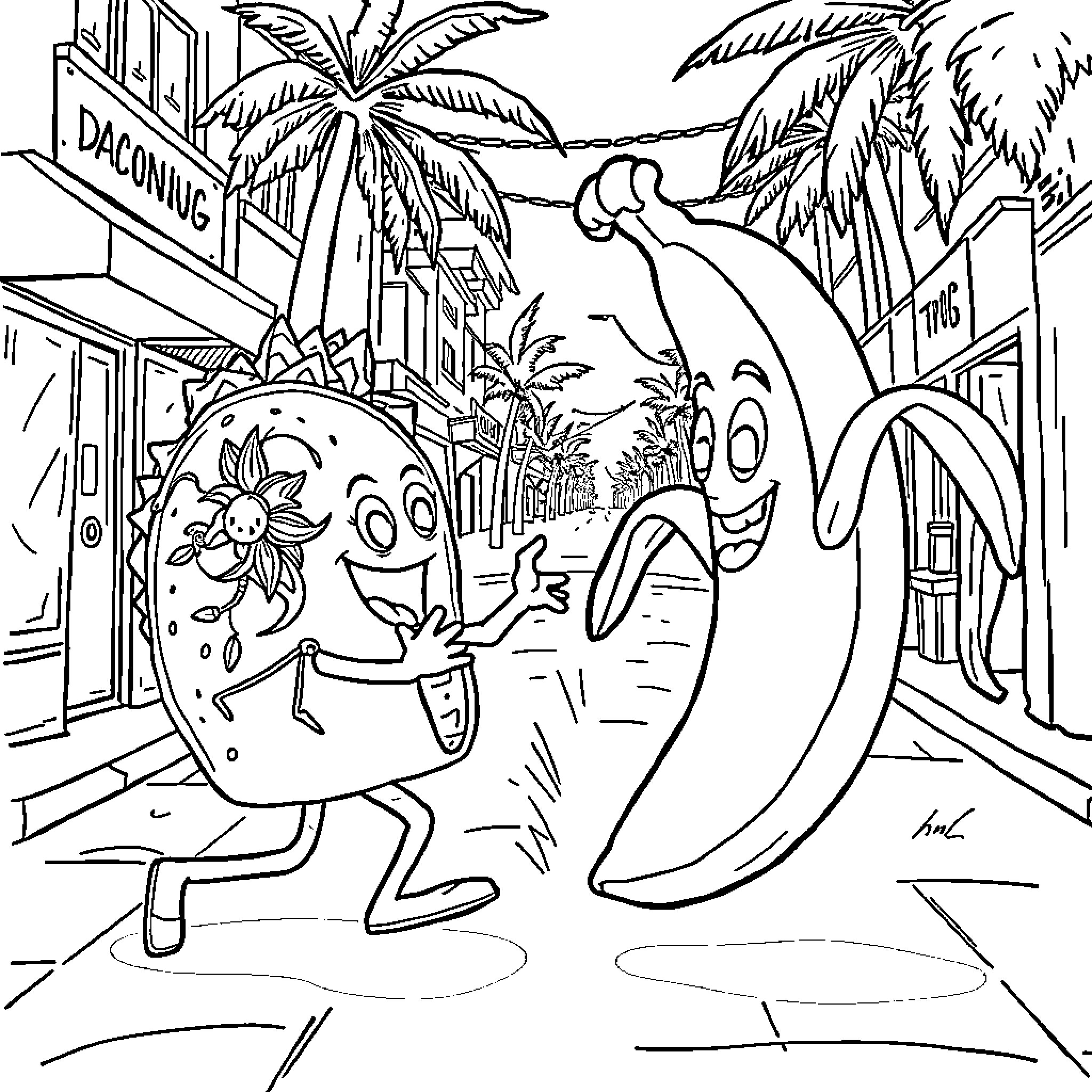 Taco characters having fun in tropical street scene Coloring Page (free black-and-white line drawing printable PDF for all, from beginners to advanced learners, including children, teens, adults, and seniors)