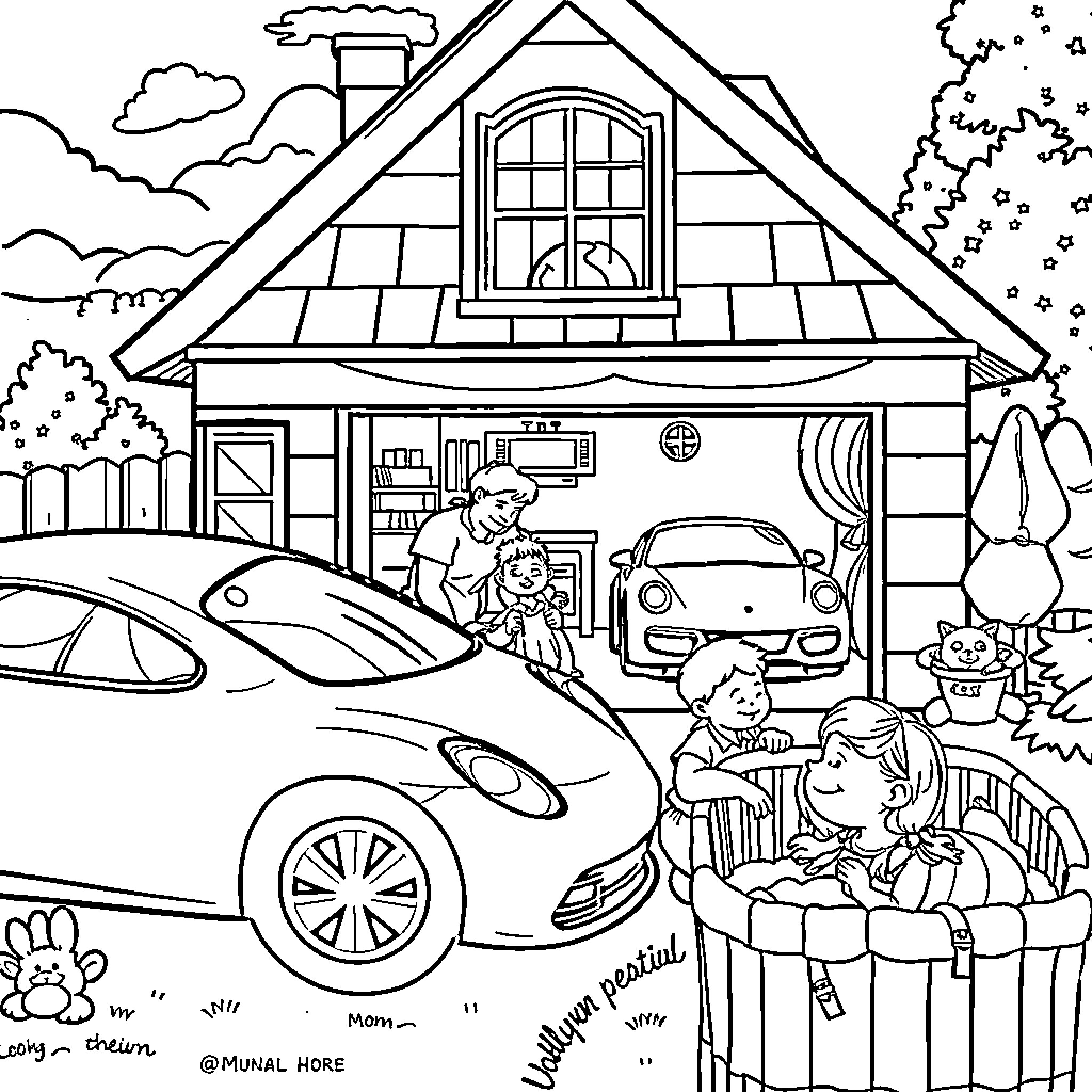 House with Family Enjoying Outdoor Activities Coloring Page (free black-and-white line drawing printable PDF for all, from beginners to advanced learners, including children, teens, adults, and seniors)