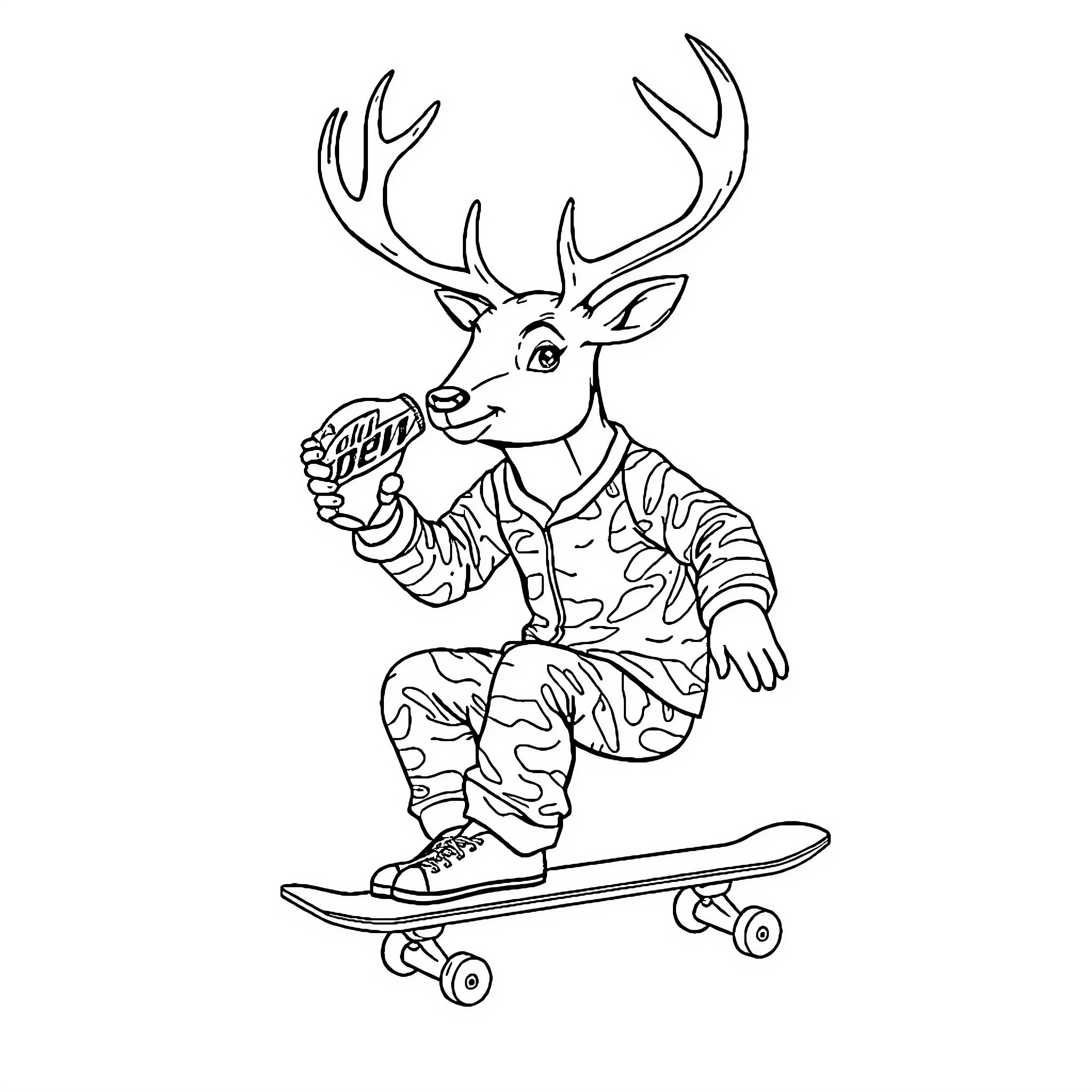 Buck riding a skateboard in the woods Coloring Page (free black-and-white line drawing printable PDF for all, from beginners to advanced learners, including children, teens, adults, and seniors)
