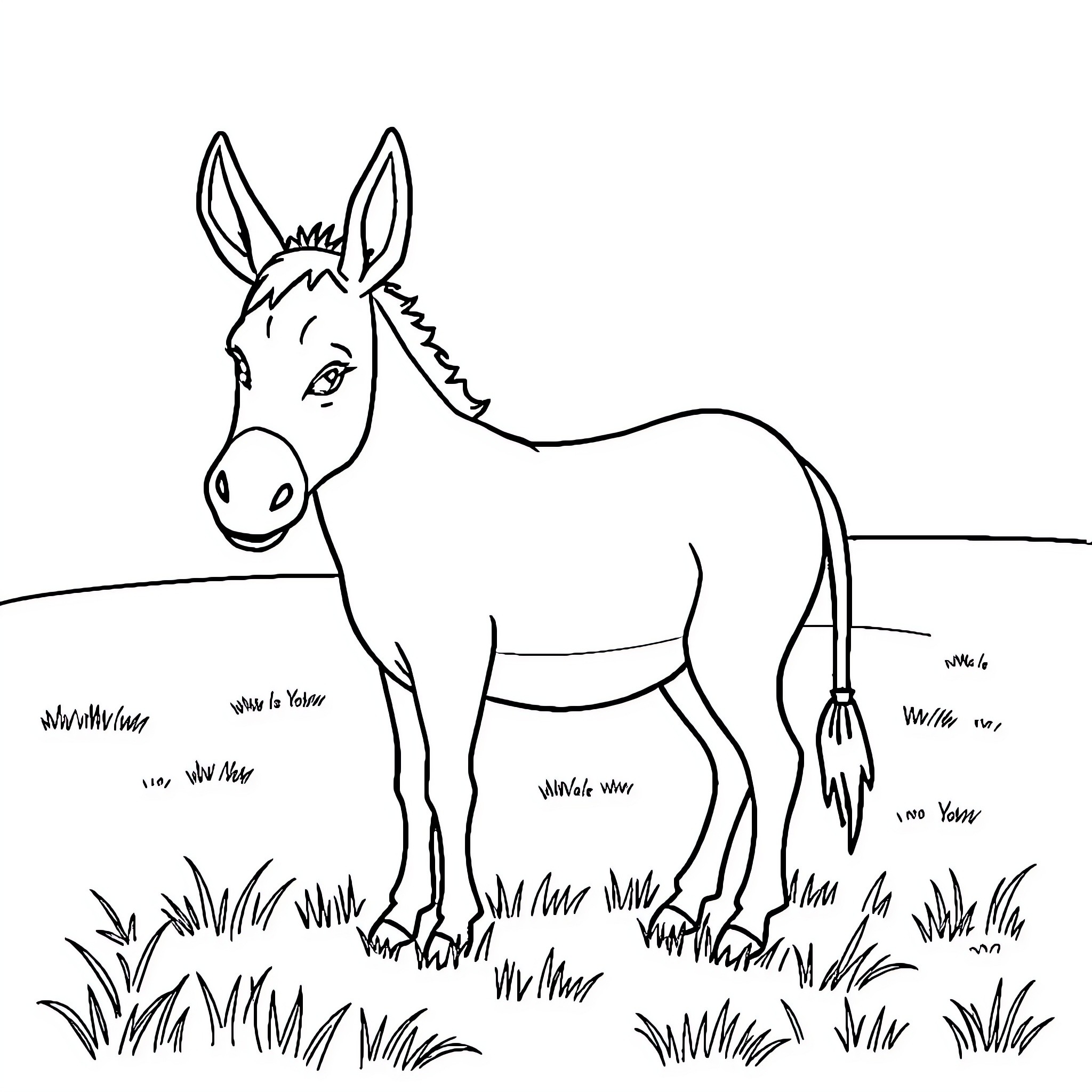 Donkey standing in a grassy field Coloring Page (free black-and-white line drawing printable PDF for all, from beginners to advanced learners, including children, teens, adults, and seniors)