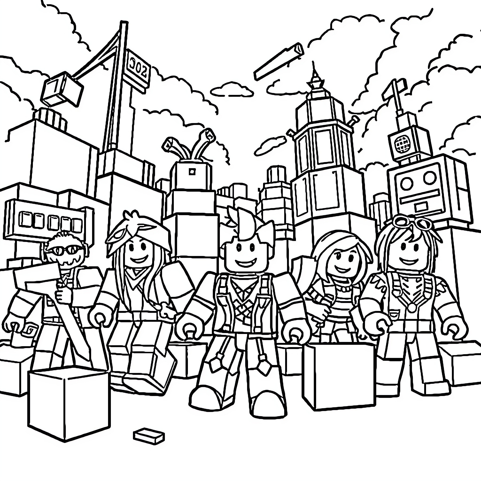 Roblox characters explore a futuristic city landscape Coloring Page (free black-and-white line drawing printable PDF for all, from beginners to advanced learners, including children, teens, adults, and seniors)