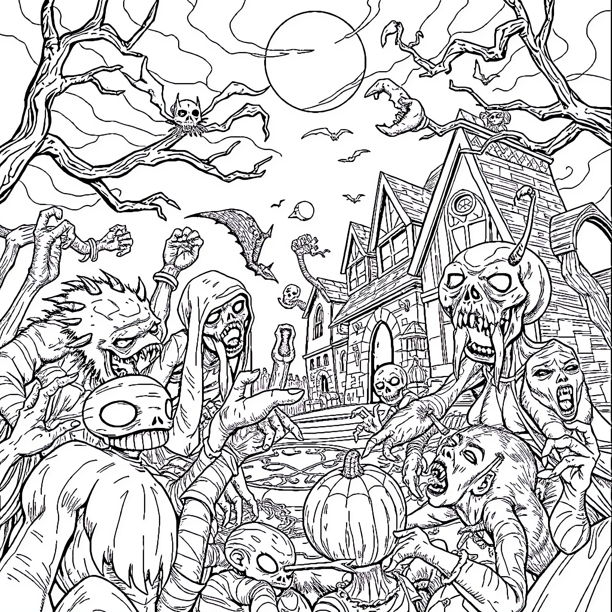 Horror Creatures Invading Haunted Town at Night Coloring Page (free black-and-white line drawing printable PDF for all, from beginners to advanced learners, including children, teens, adults, and seniors)