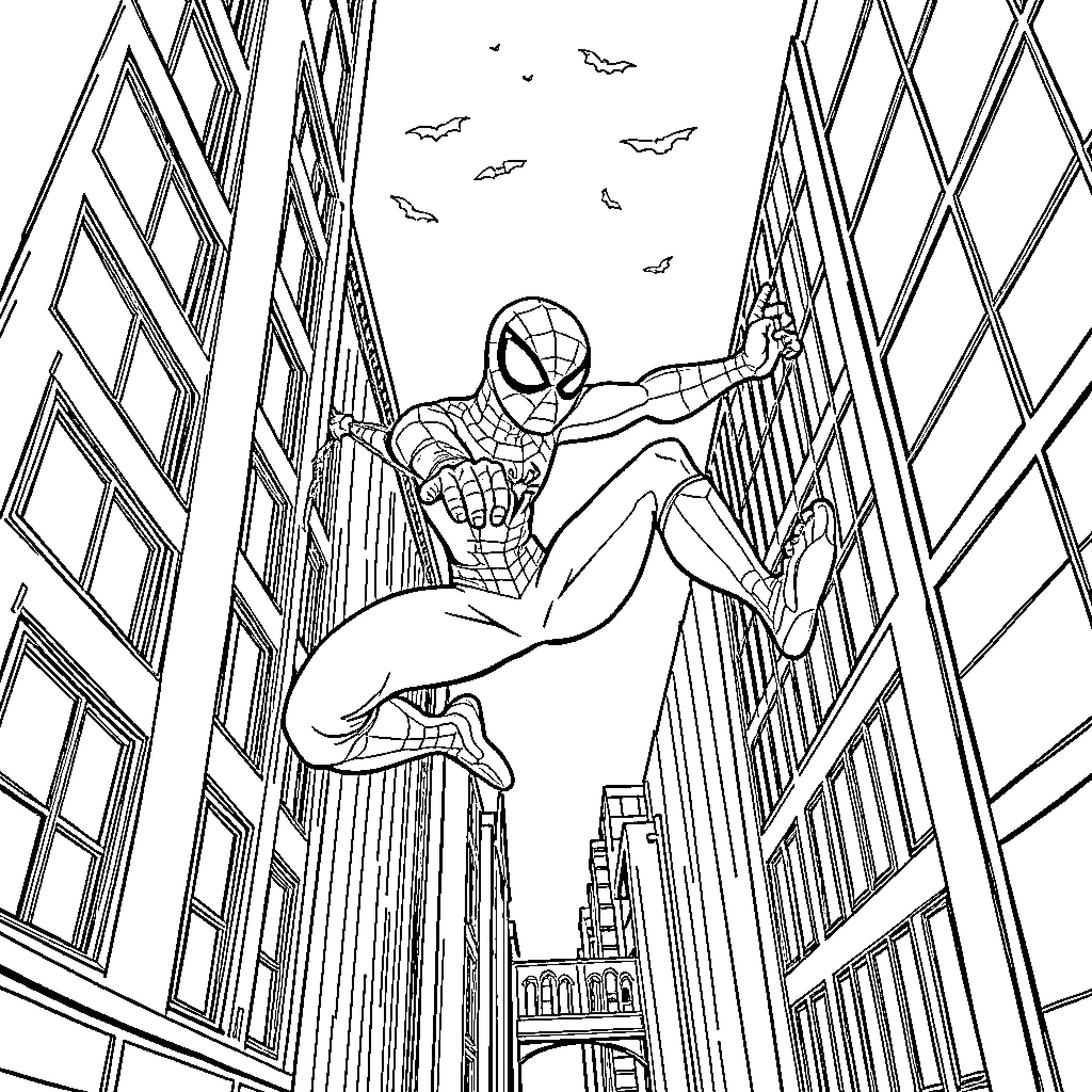 Spiderman swinging through the city skyscrapers Coloring Page (free black-and-white line drawing printable PDF for all, from beginners to advanced learners, including children, teens, adults, and seniors)