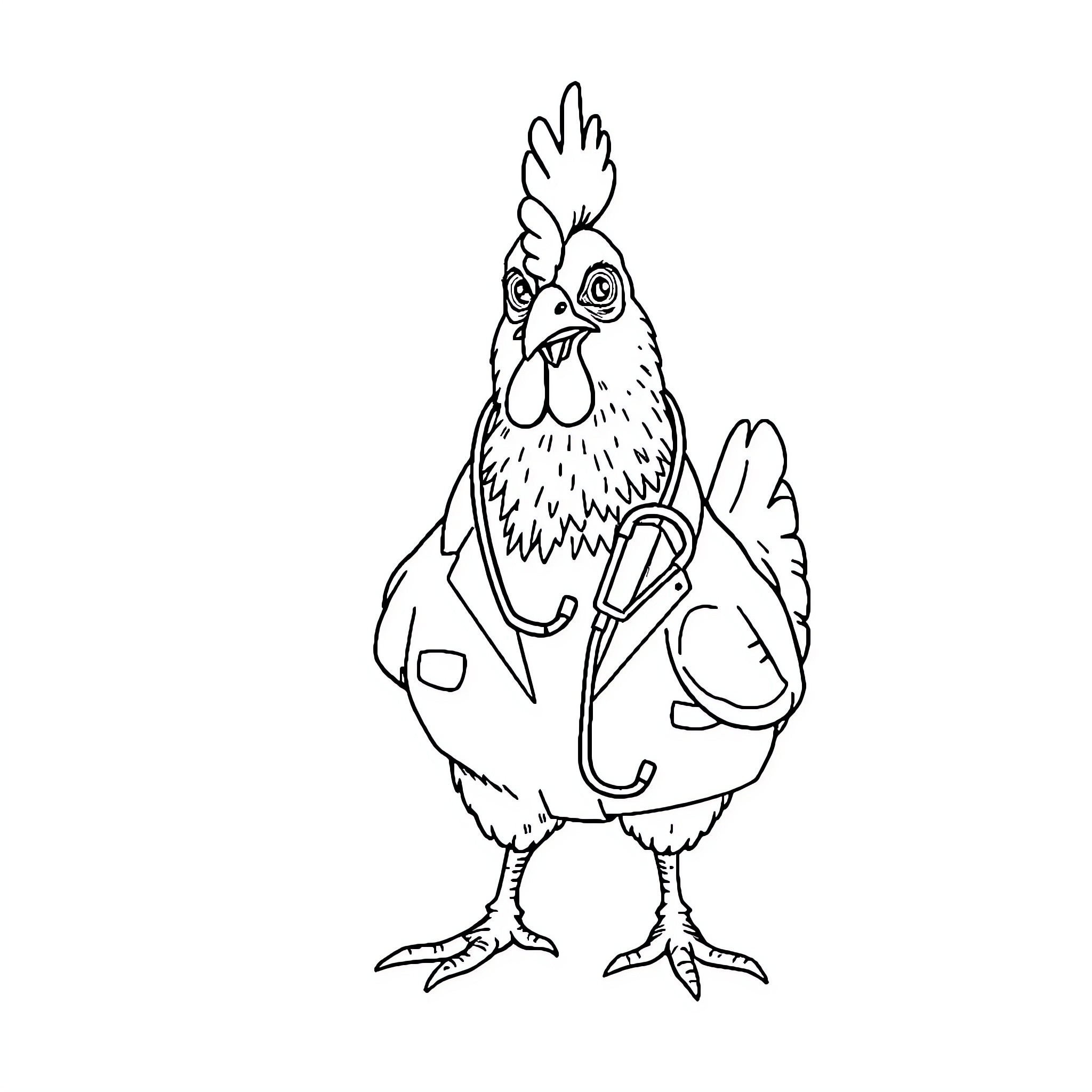 Chicken in humorous cartoon pose Coloring Page (free black-and-white line drawing printable PDF for all, from beginners to advanced learners, including children, teens, adults, and seniors)