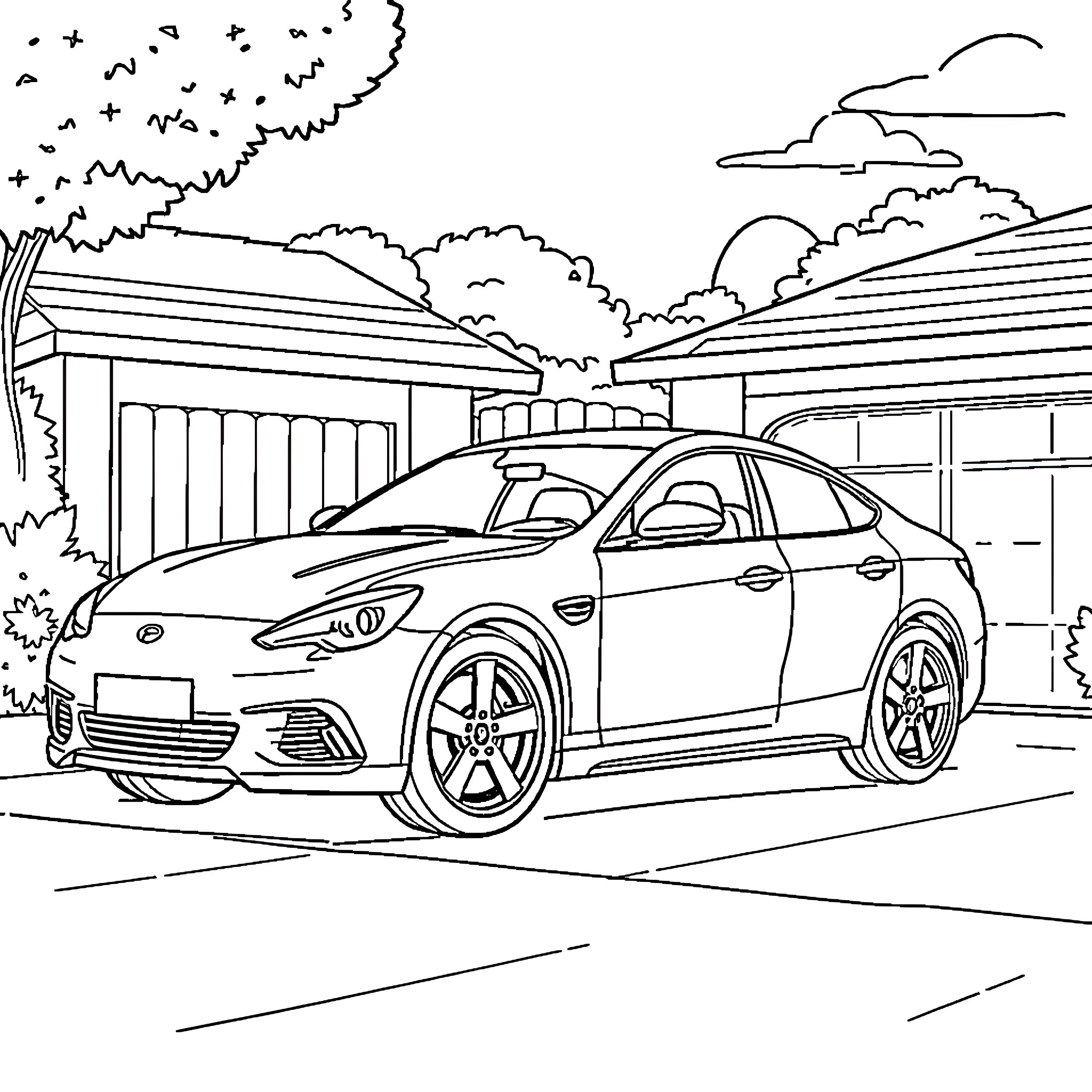 Car parked in front of buildings on a sunny day Coloring Page (free black-and-white line drawing printable PDF for all, from beginners to advanced learners, including children, teens, adults, and seniors)