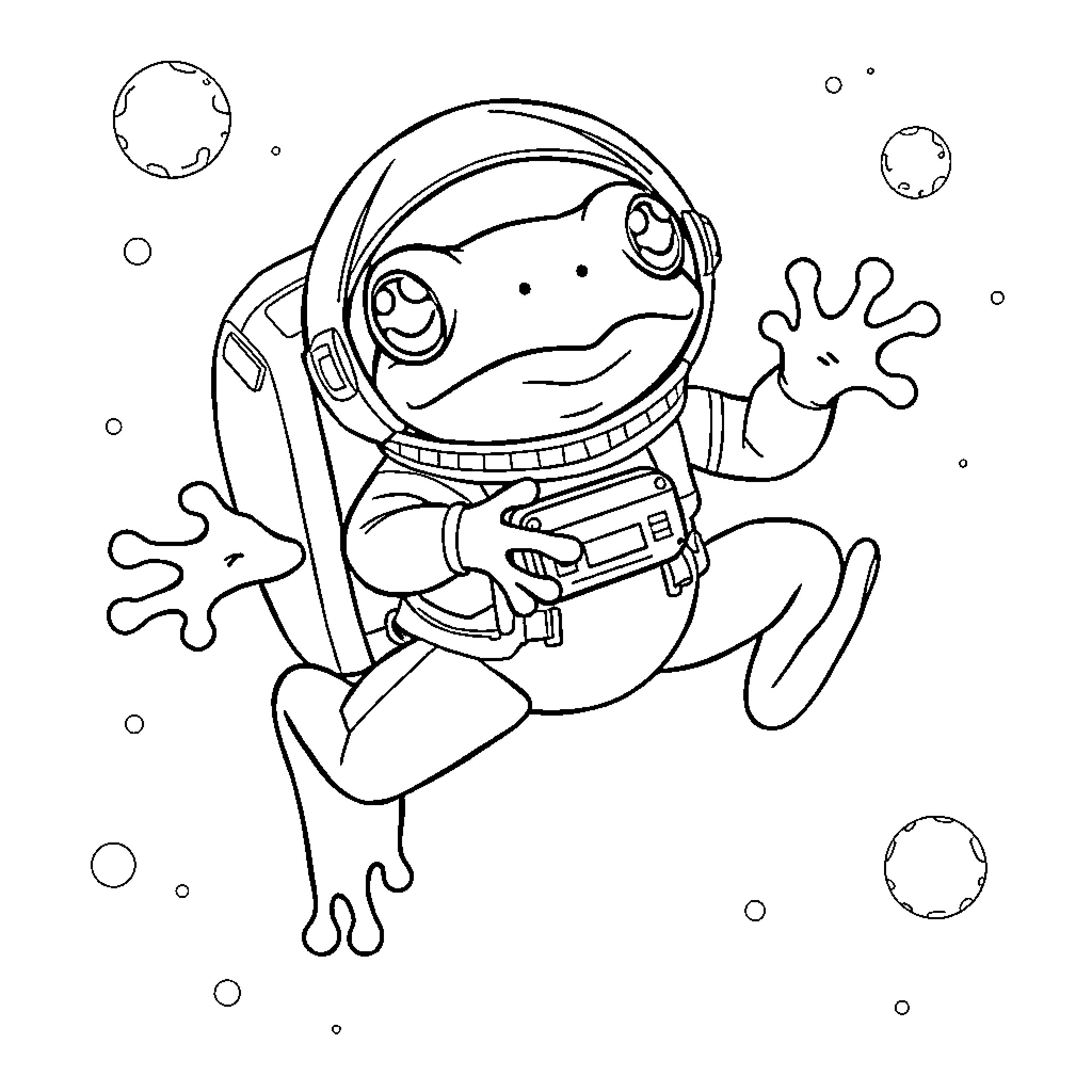 Frog astronaut floating in space Coloring Page (free black-and-white line drawing printable PDF for all, from beginners to advanced learners, including children, teens, adults, and seniors)