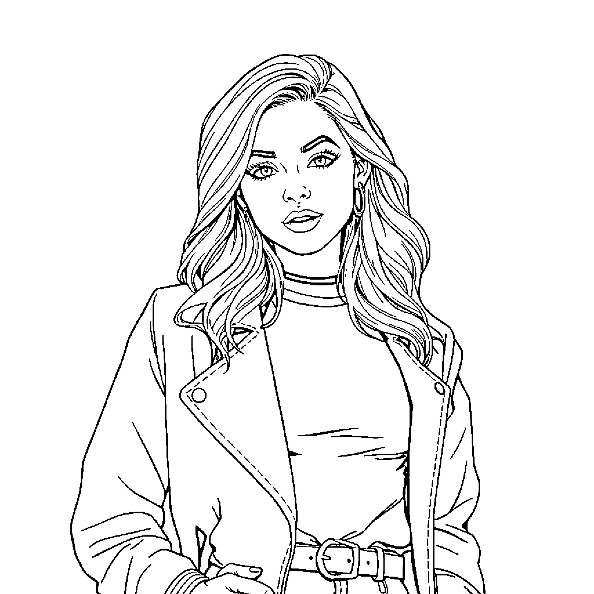 Sydney Sweeney in pensive pose with wavy hair Coloring Page (free black-and-white line drawing printable PDF for all, from beginners to advanced learners, including children, teens, adults, and seniors)