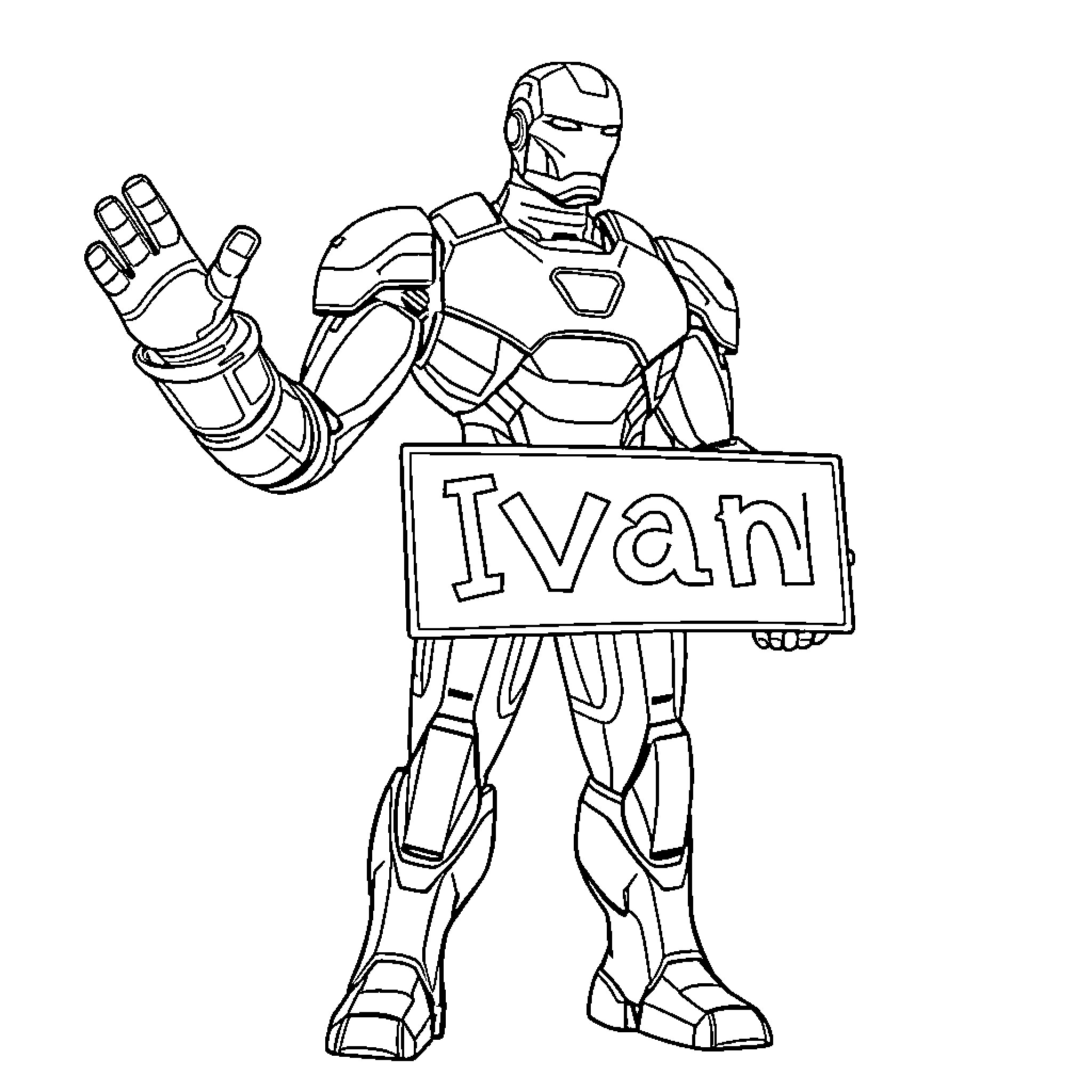 Ironman character holding a sign with a name Coloring Page (free black-and-white line drawing printable PDF for all, from beginners to advanced learners, including children, teens, adults, and seniors)