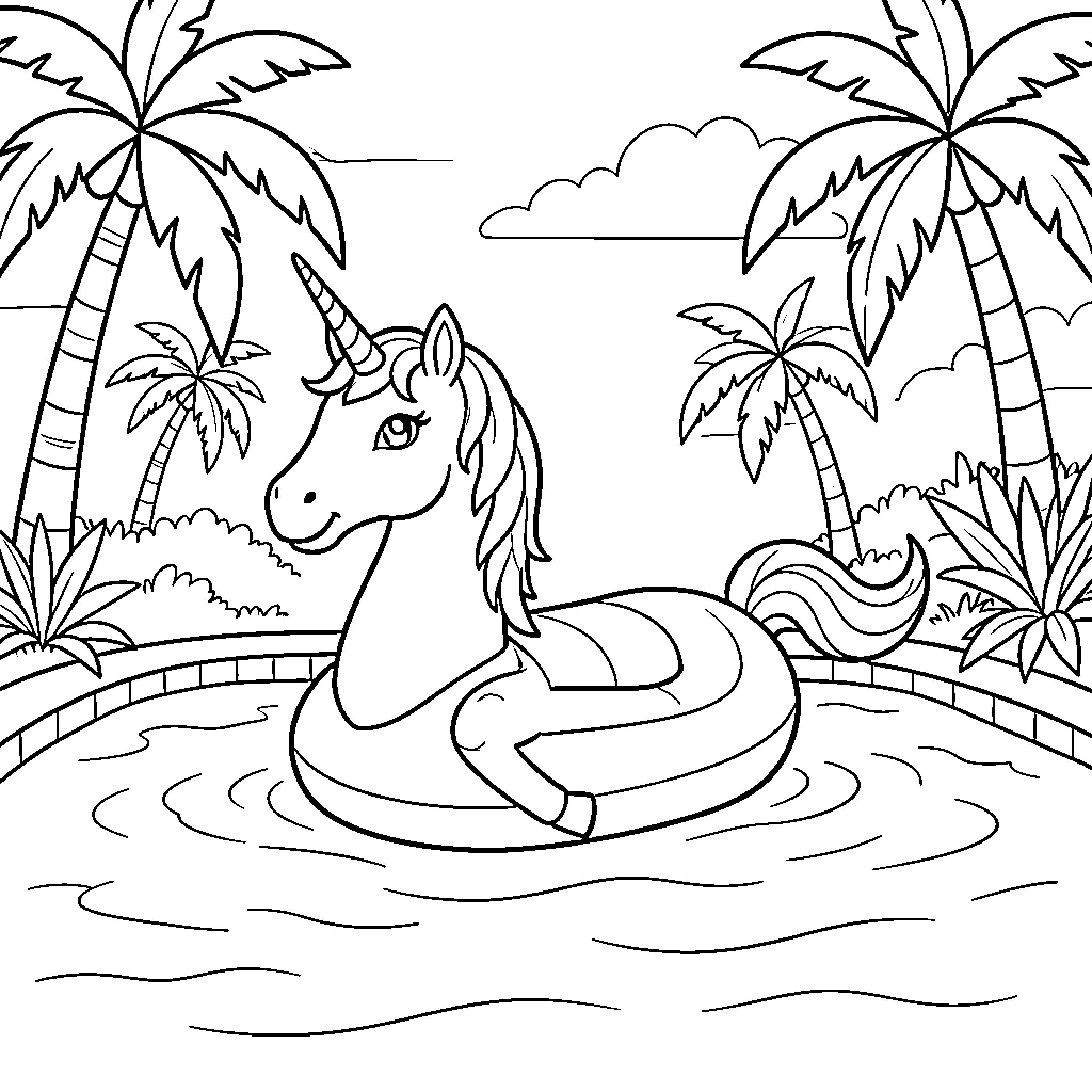 Unicorn floating on a swim ring in tropical waters Coloring Page (free black-and-white line drawing printable PDF for all, from beginners to advanced learners, including children, teens, adults, and seniors)