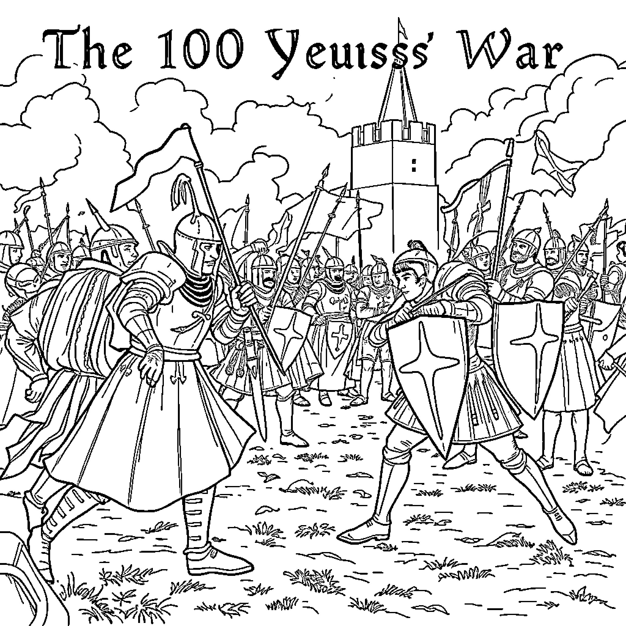 War scene with medieval soldiers and knights Coloring Page (free black-and-white line drawing printable PDF for all, from beginners to advanced learners, including children, teens, adults, and seniors)