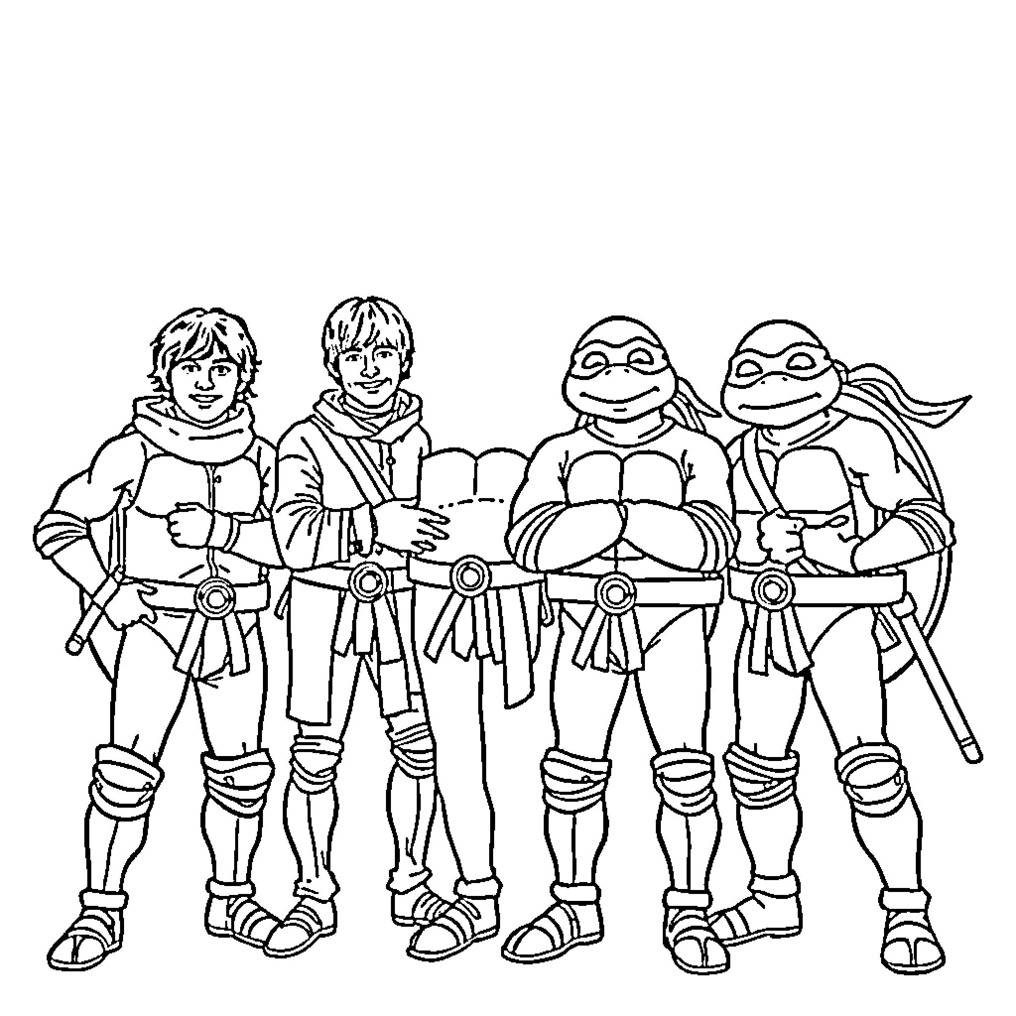 Beatles-inspired heroes in action adventure outfits Coloring Page (free black-and-white line drawing printable PDF for all, from beginners to advanced learners, including children, teens, adults, and seniors)