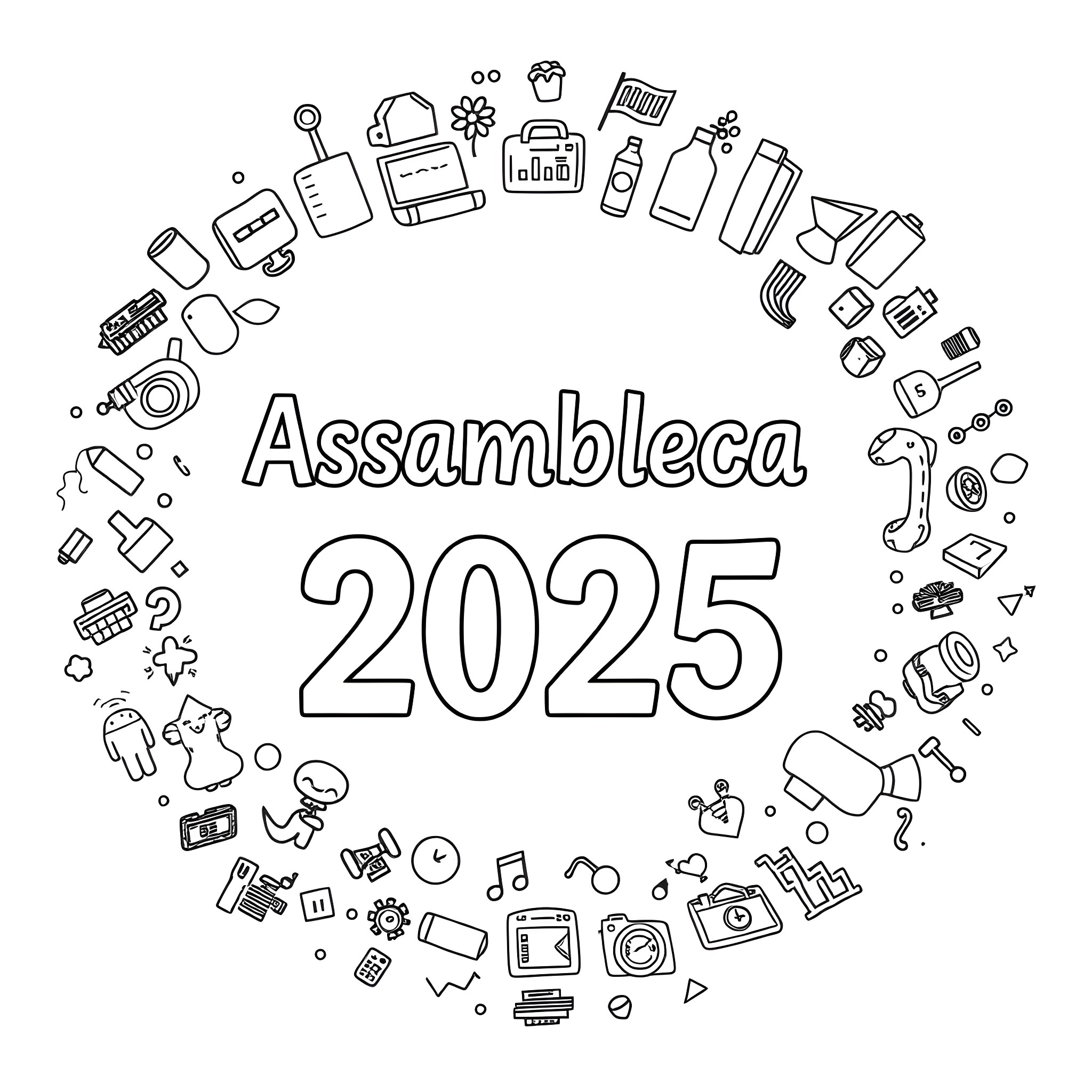 Text depicting the school year 2025 surrounded by education icons Coloring Page (free black-and-white line drawing printable PDF for all, from beginners to advanced learners, including children, teens, adults, and seniors)
