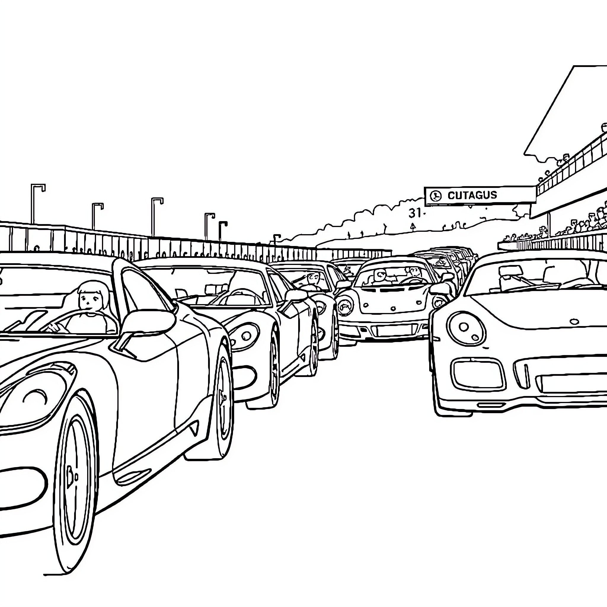 Voiture Automobiles Waiting on the Highway Coloring Page (free black-and-white line drawing printable PDF for all, from beginners to advanced learners, including children, teens, adults, and seniors)