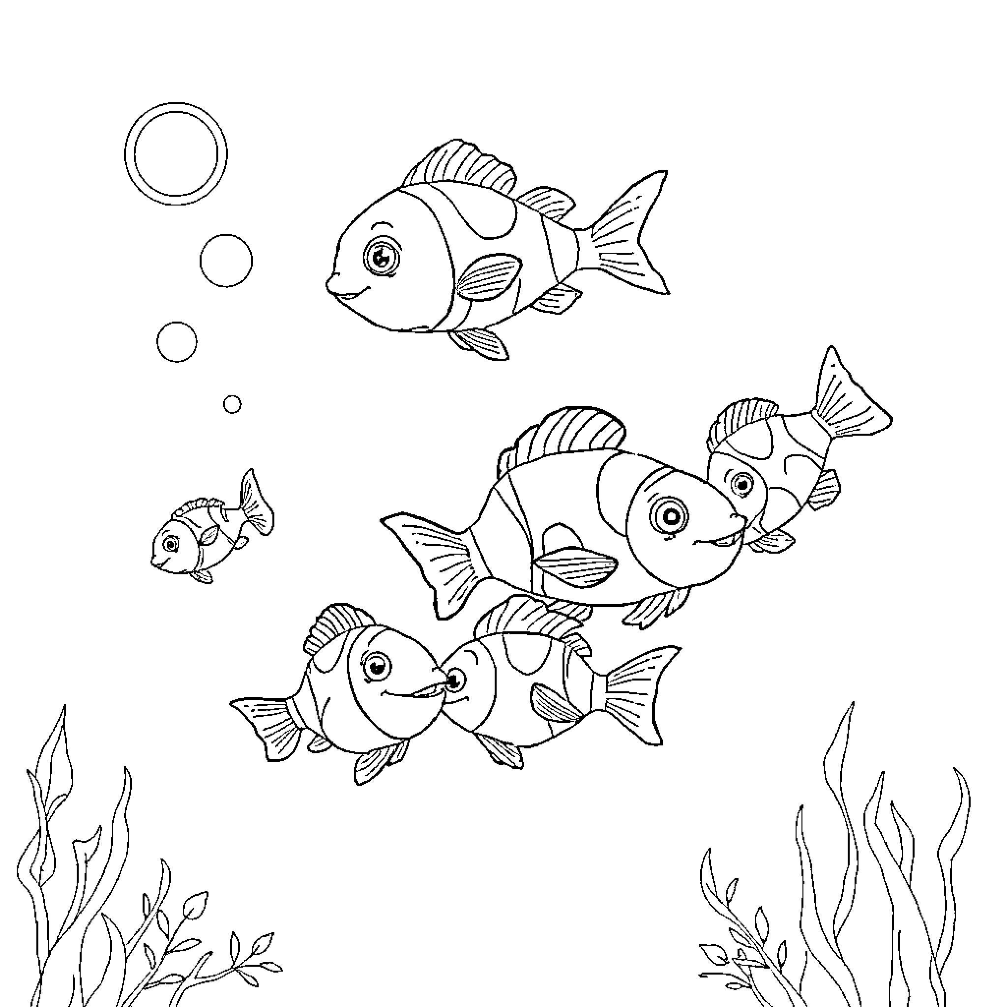 Nemo and his friends exploring the ocean Coloring Page (free black-and-white line drawing printable PDF for all, from beginners to advanced learners, including children, teens, adults, and seniors)