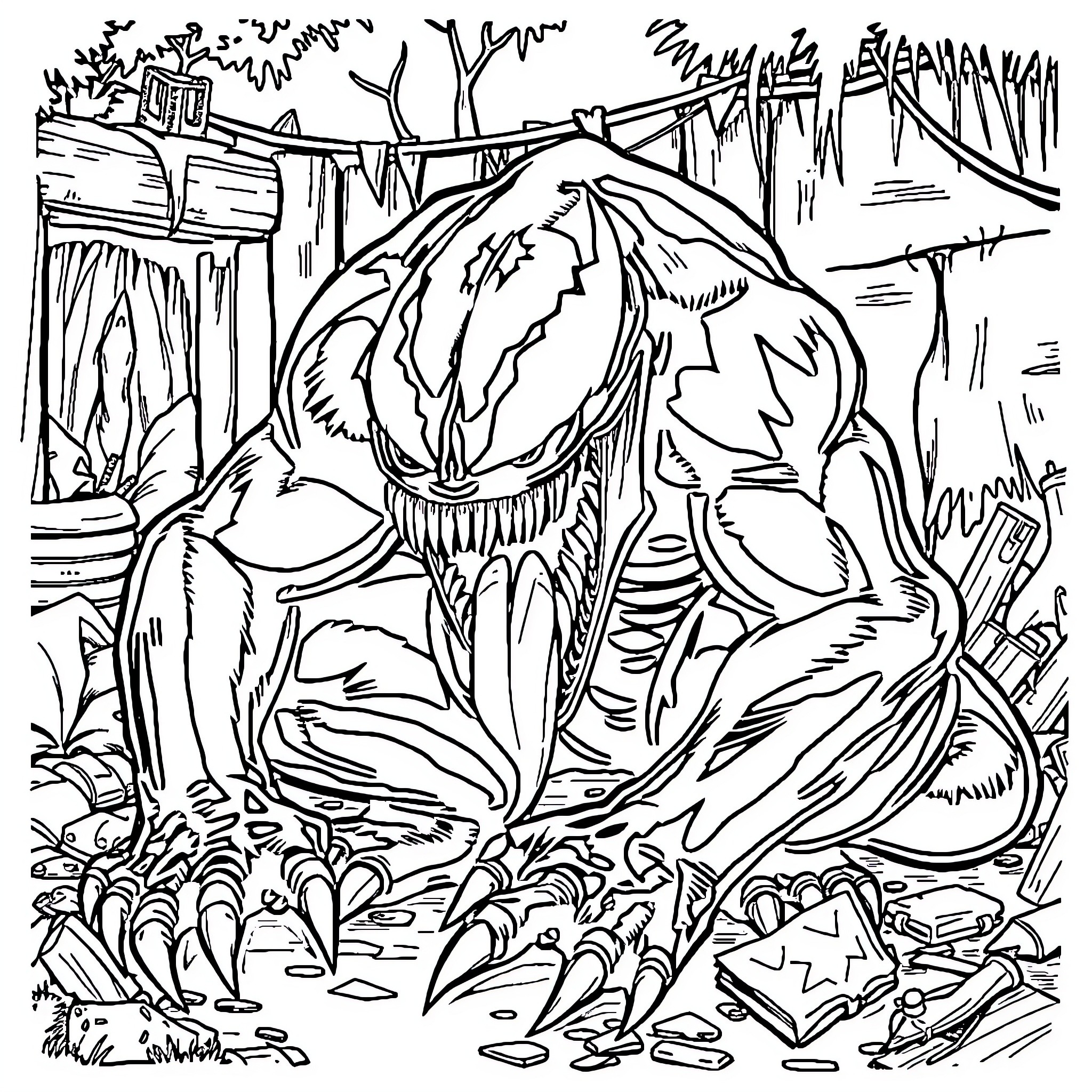 Venom Unleashed in Chaotic Landscape Coloring Page (free black-and-white line drawing printable PDF for all, from beginners to advanced learners, including children, teens, adults, and seniors)