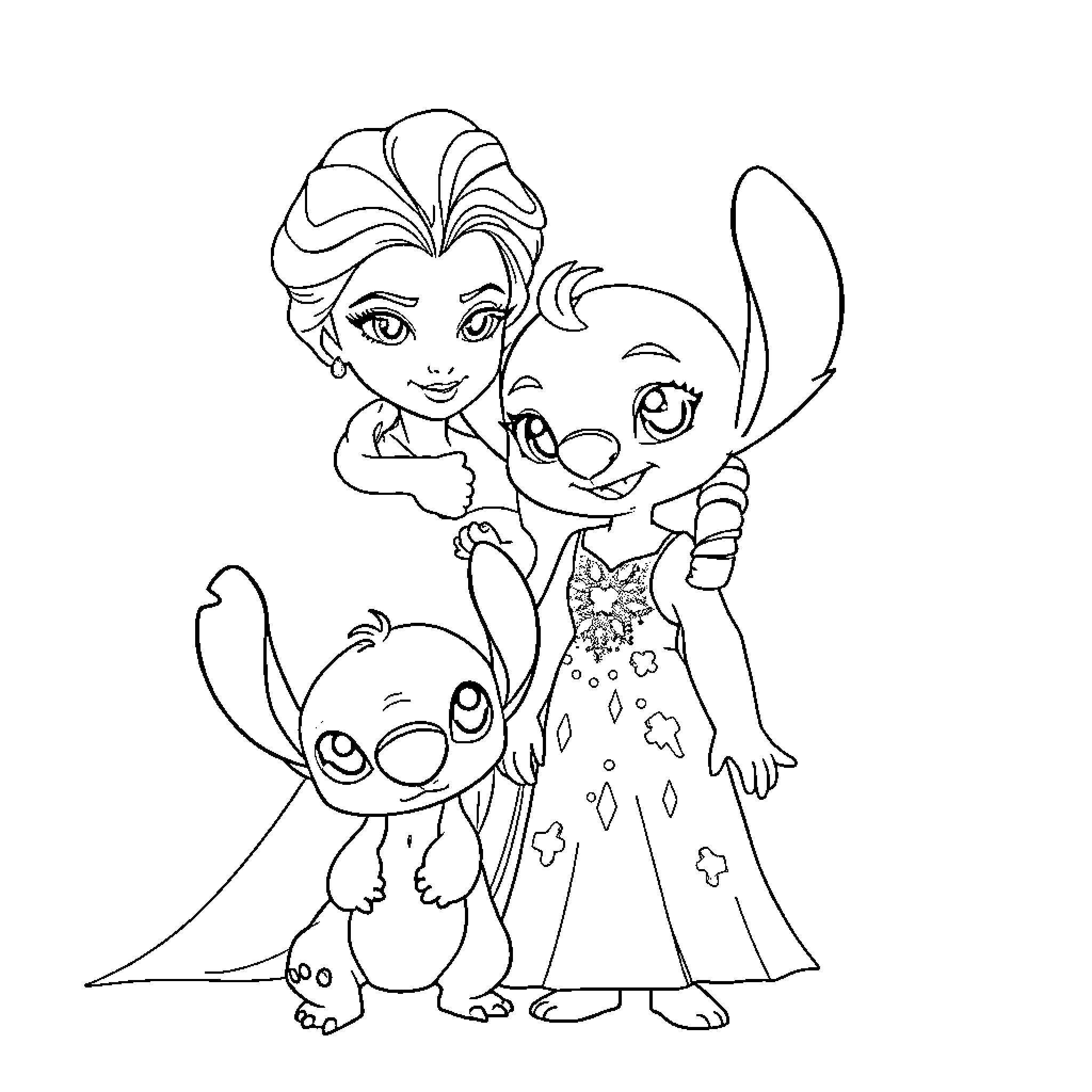 Elsa and Stitch in a cheerful embrace Coloring Page (free black-and-white line drawing printable PDF for all, from beginners to advanced learners, including children, teens, adults, and seniors)