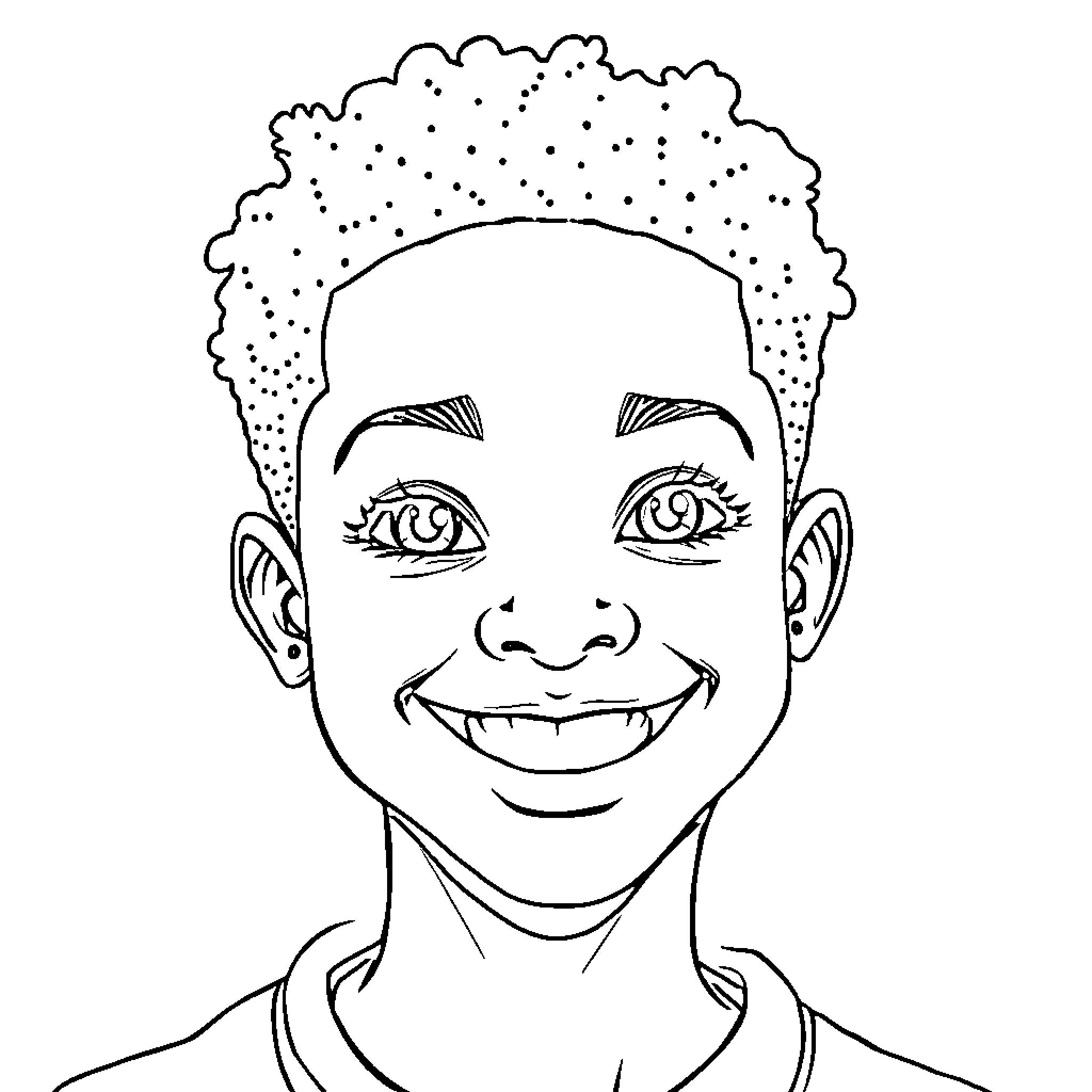 Teen with bubbly hairstyle and bright expression Coloring Page (free black-and-white line drawing printable PDF for all, from beginners to advanced learners, including children, teens, adults, and seniors)