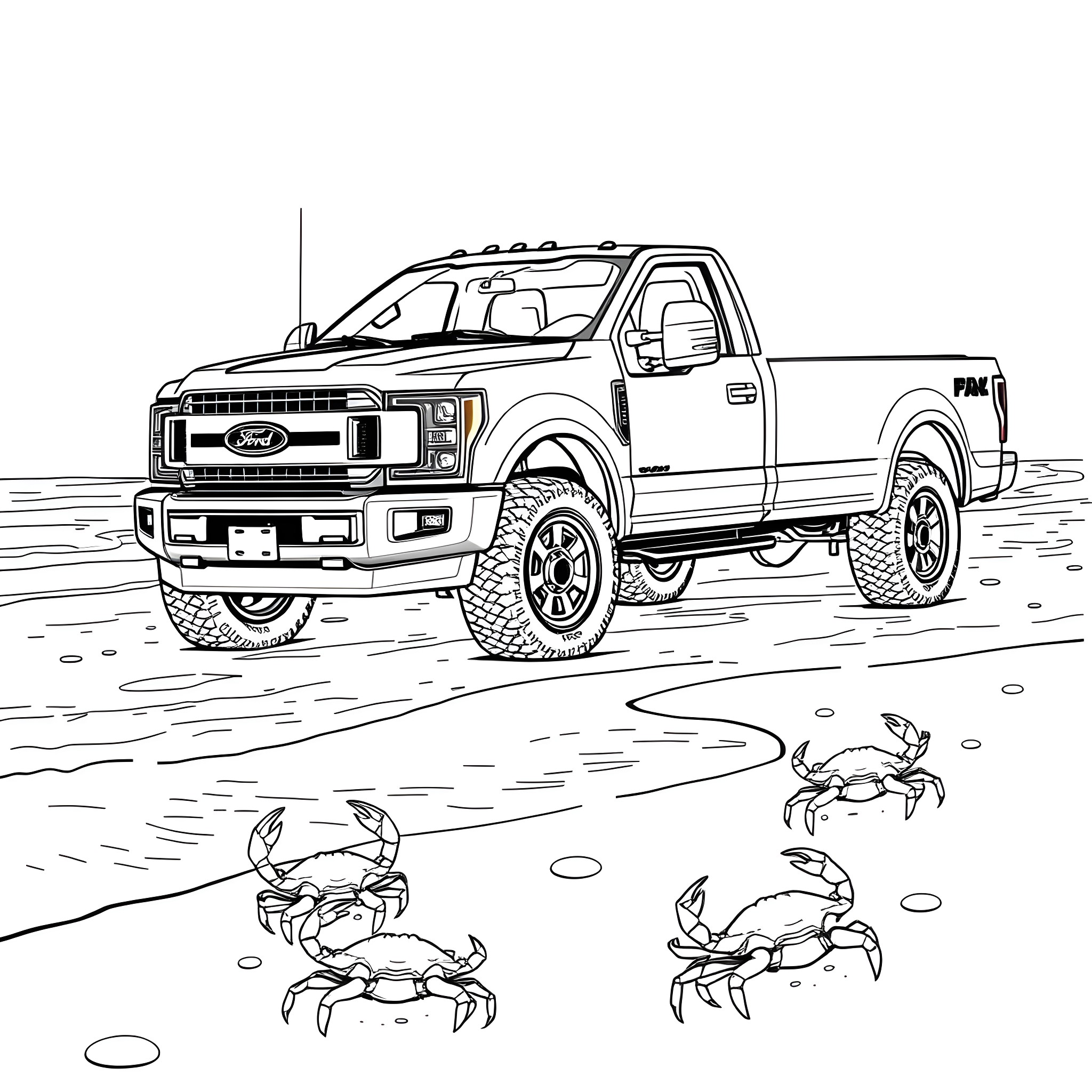 Ford Pickup Truck Driving on Beach with Crabs Coloring Page (free black-and-white line drawing printable PDF for all, from beginners to advanced learners, including children, teens, adults, and seniors)