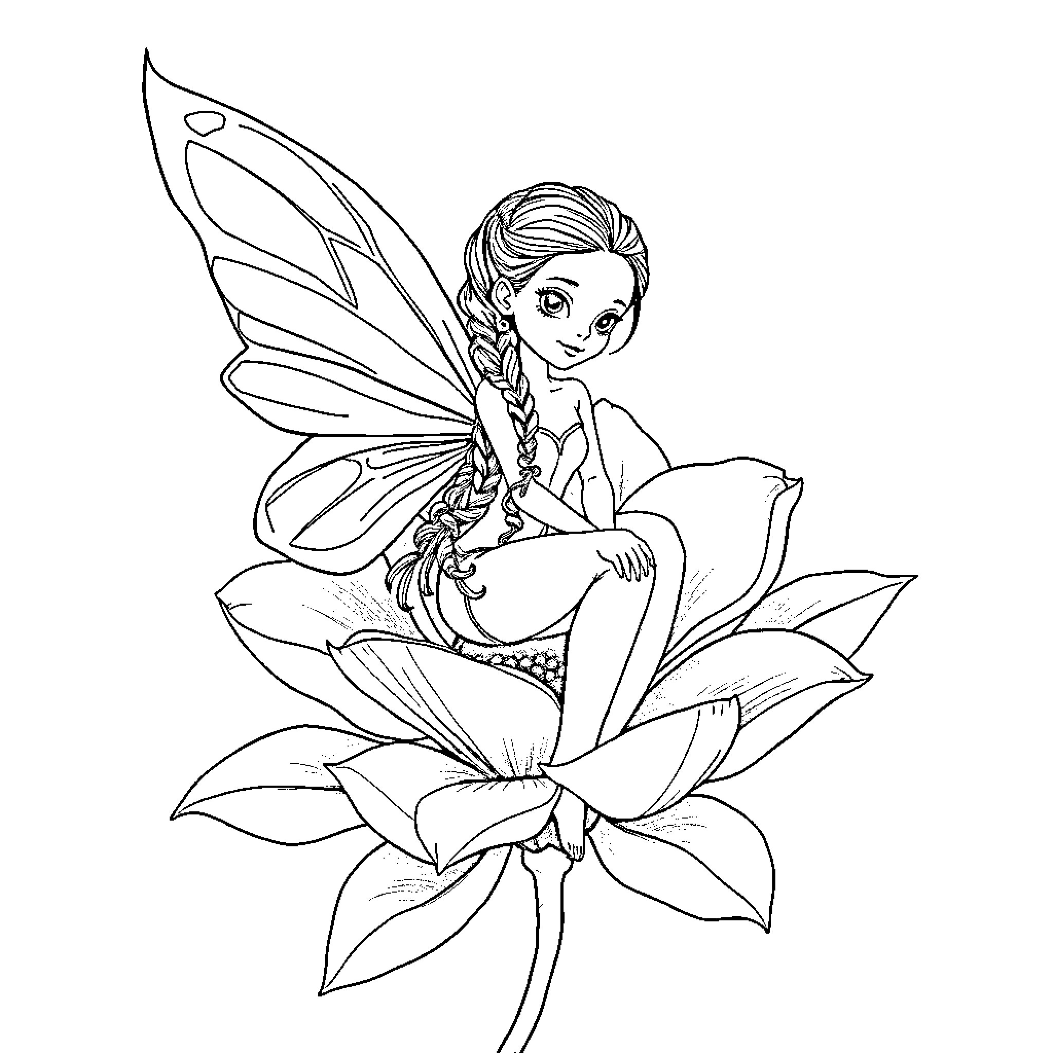 Fairy Sitting on Flower with Braided Hair Coloring Page (free black-and-white line drawing printable PDF for all, from beginners to advanced learners, including children, teens, adults, and seniors)