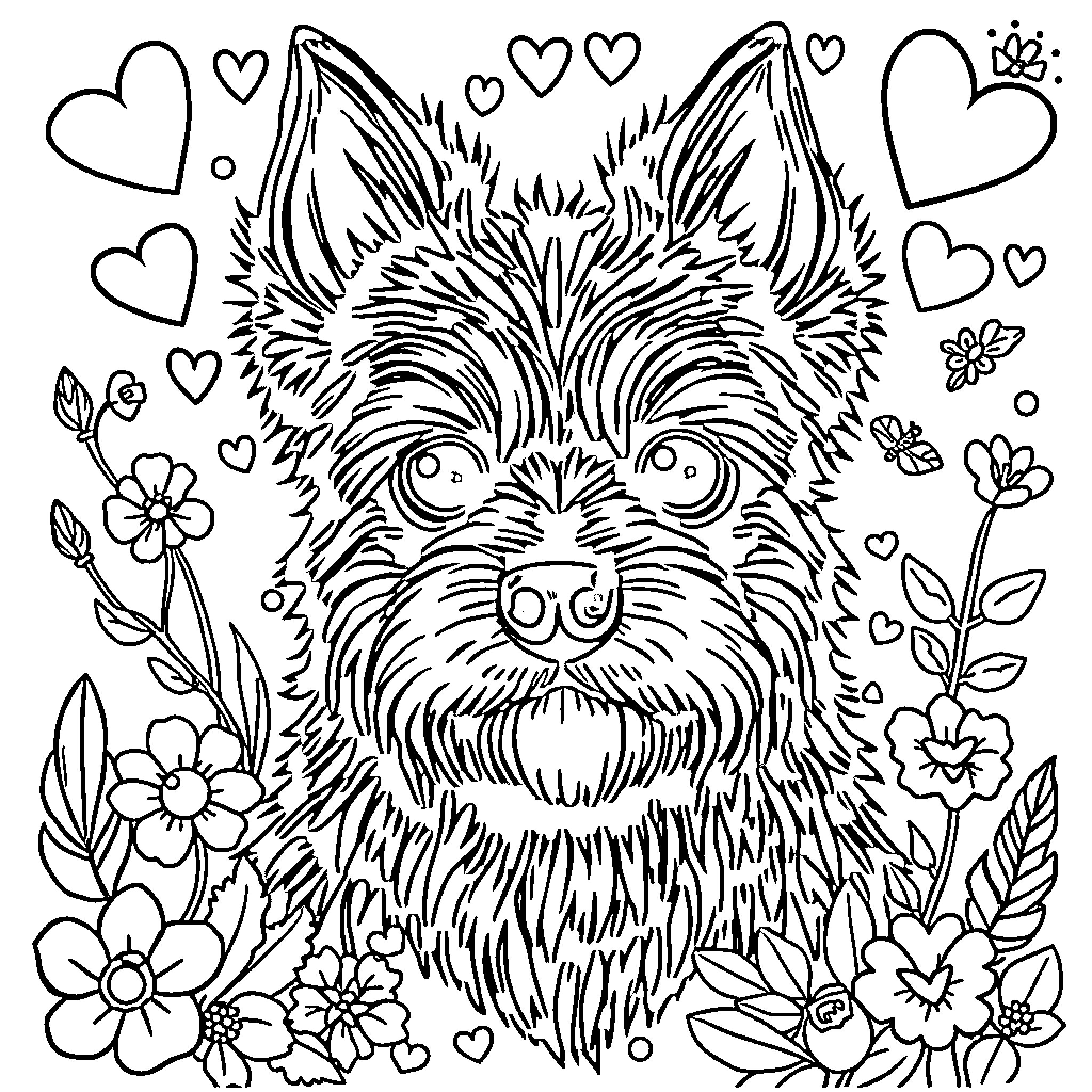 Perro surrounded by flowers and hearts Coloring Page (free black-and-white line drawing printable PDF for all, from beginners to advanced learners, including children, teens, adults, and seniors)