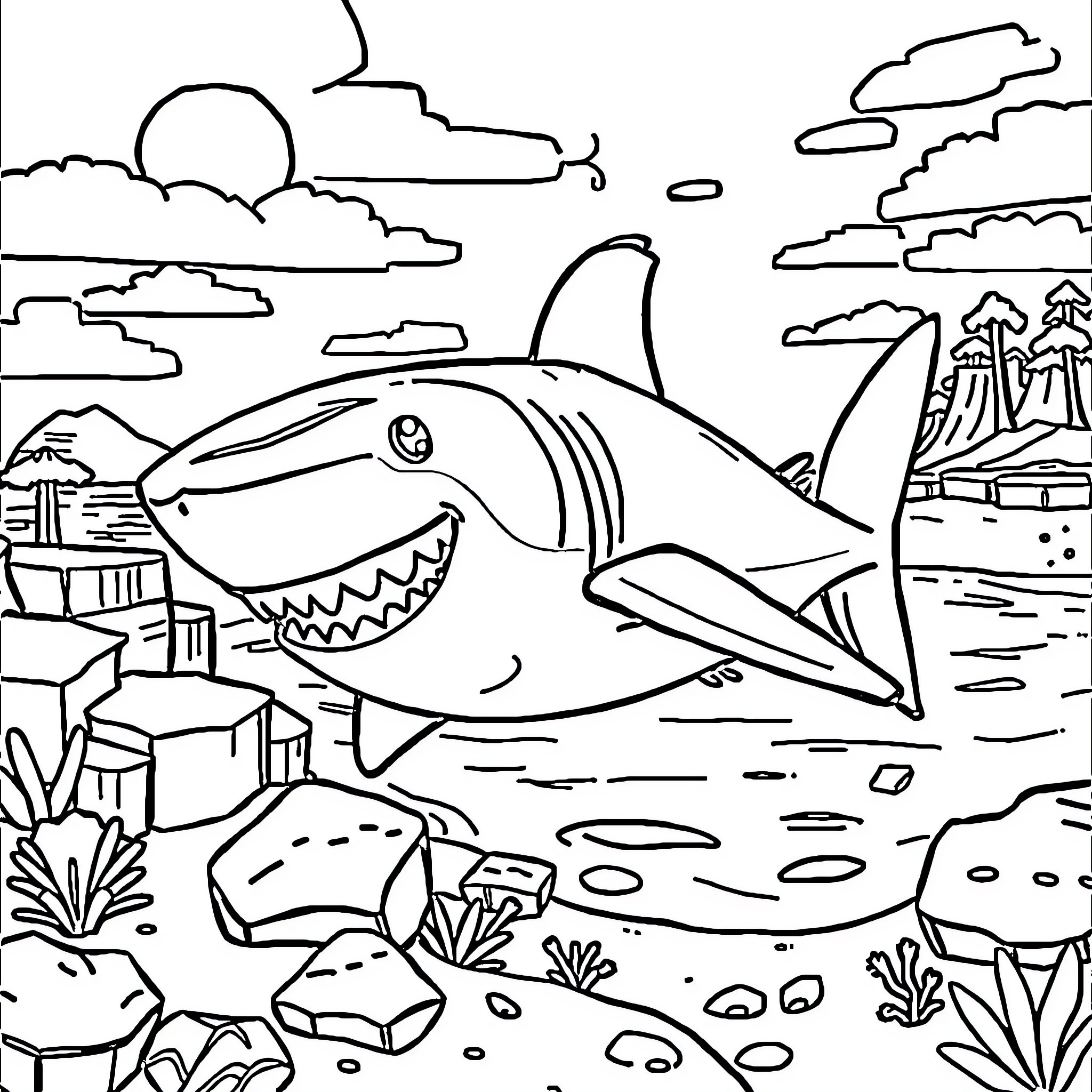 Shark swimming in the ocean with underwater scenery Coloring Page (free black-and-white line drawing printable PDF for all, from beginners to advanced learners, including children, teens, adults, and seniors)