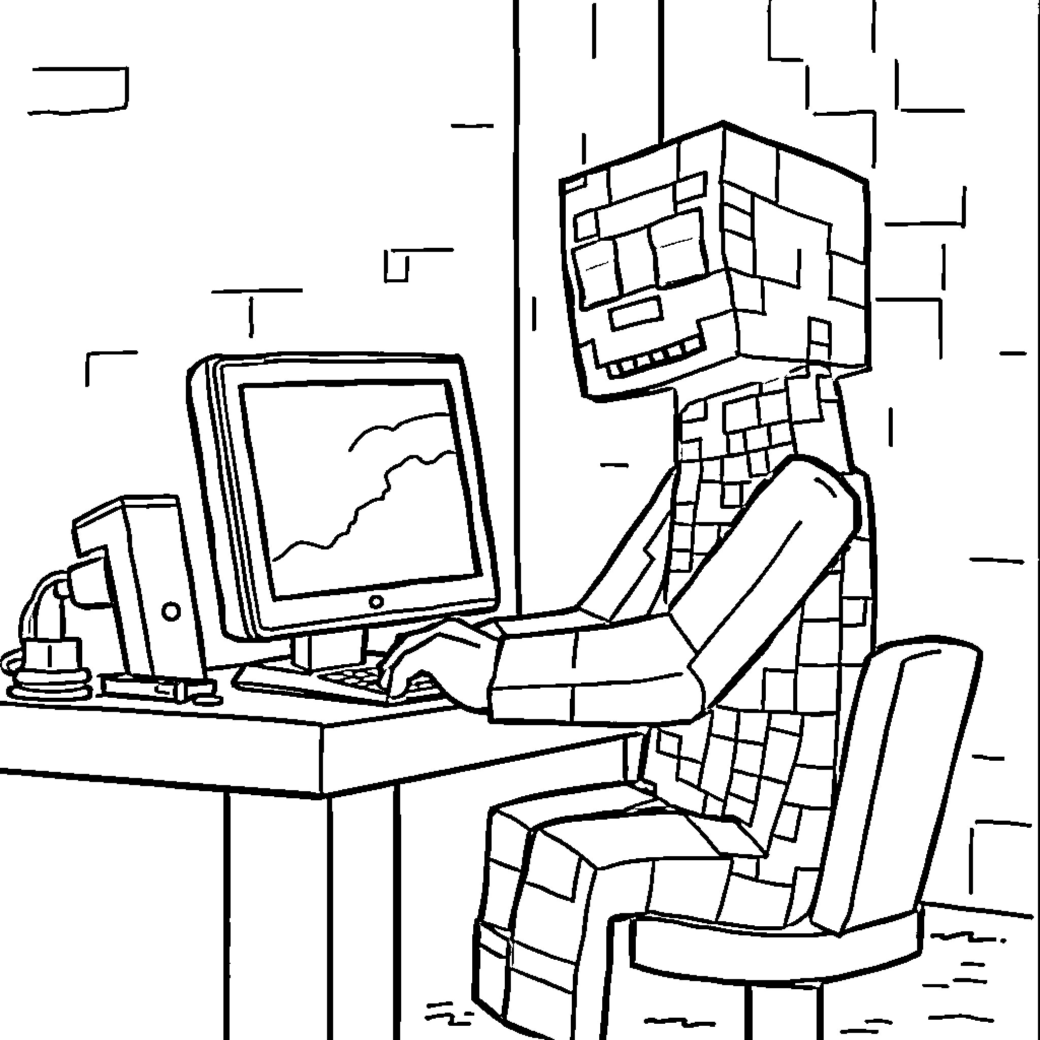 Enderman coding at computer Coloring Page (free black-and-white line drawing printable PDF for all, from beginners to advanced learners, including children, teens, adults, and seniors)