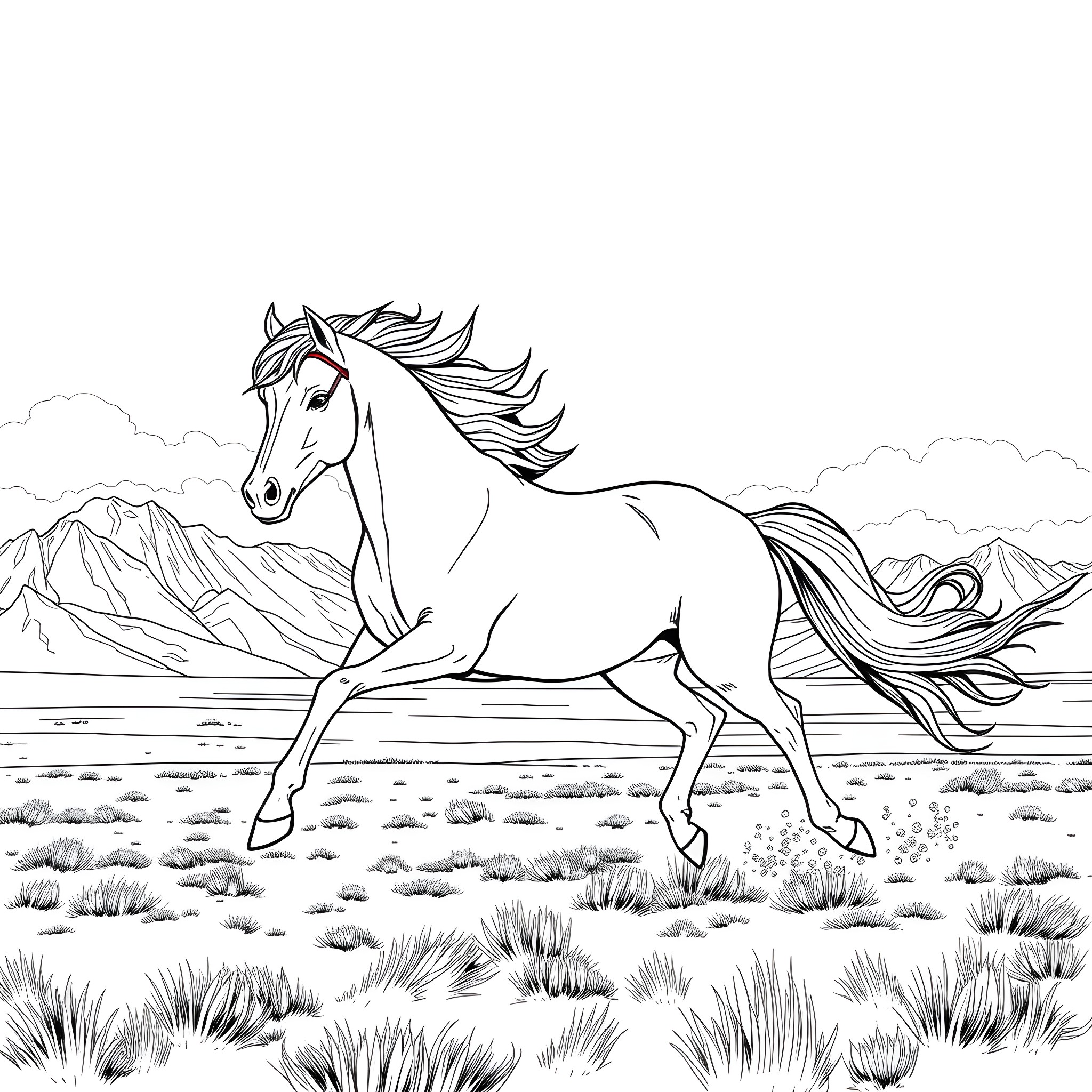 Stallion Galloping Freely Through the Picturesque Landscape Coloring Page (free black-and-white line drawing printable PDF for all, from beginners to advanced learners, including children, teens, adults, and seniors)