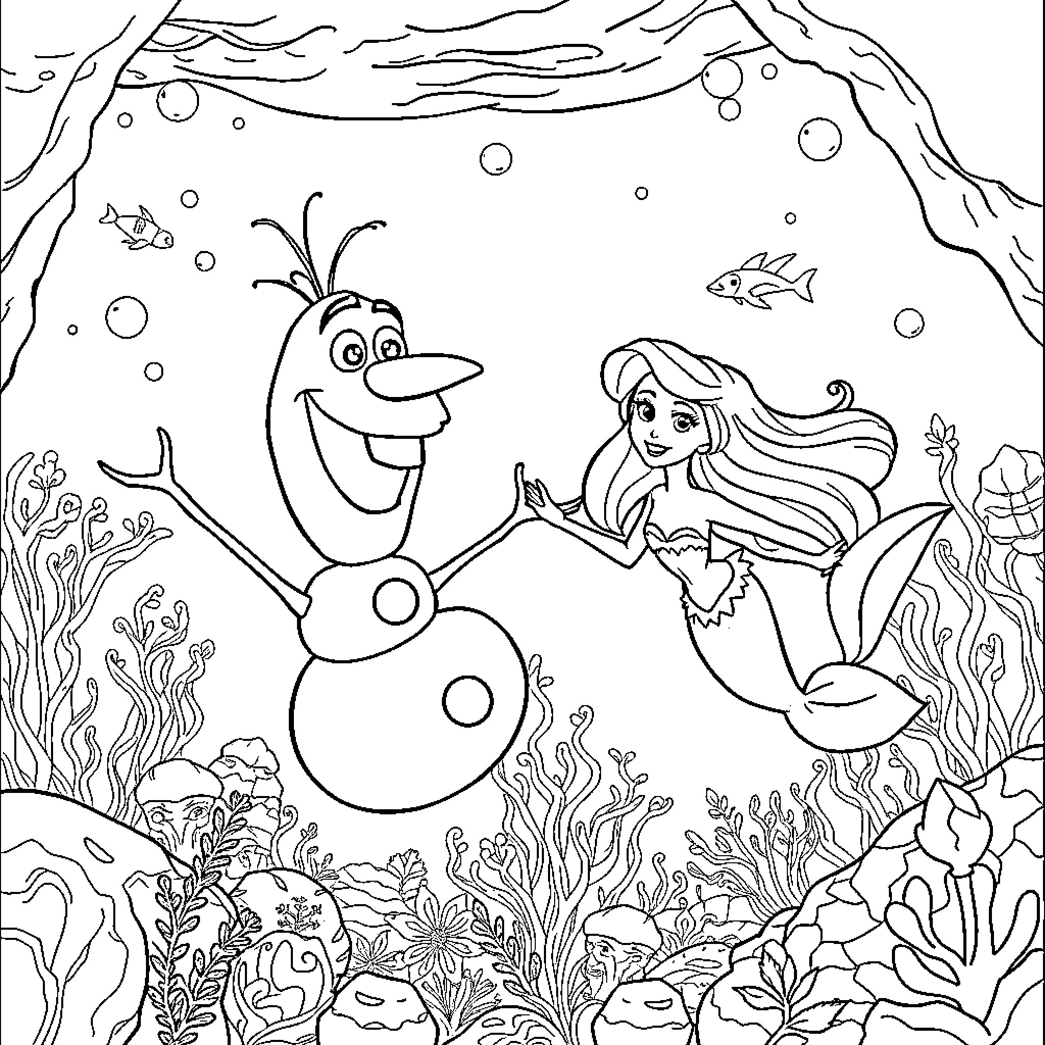 Olaf and Ariel explore the underwater world Coloring Page (free black-and-white line drawing printable PDF for all, from beginners to advanced learners, including children, teens, adults, and seniors)