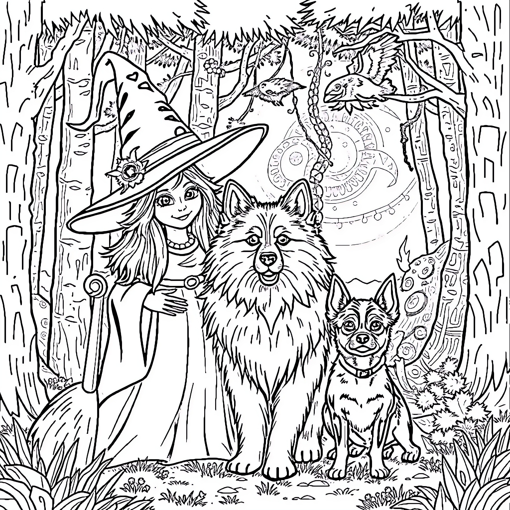 Witch with Magical Companions in the Forest Coloring Page (free black-and-white line drawing printable PDF for all, from beginners to advanced learners, including children, teens, adults, and seniors)