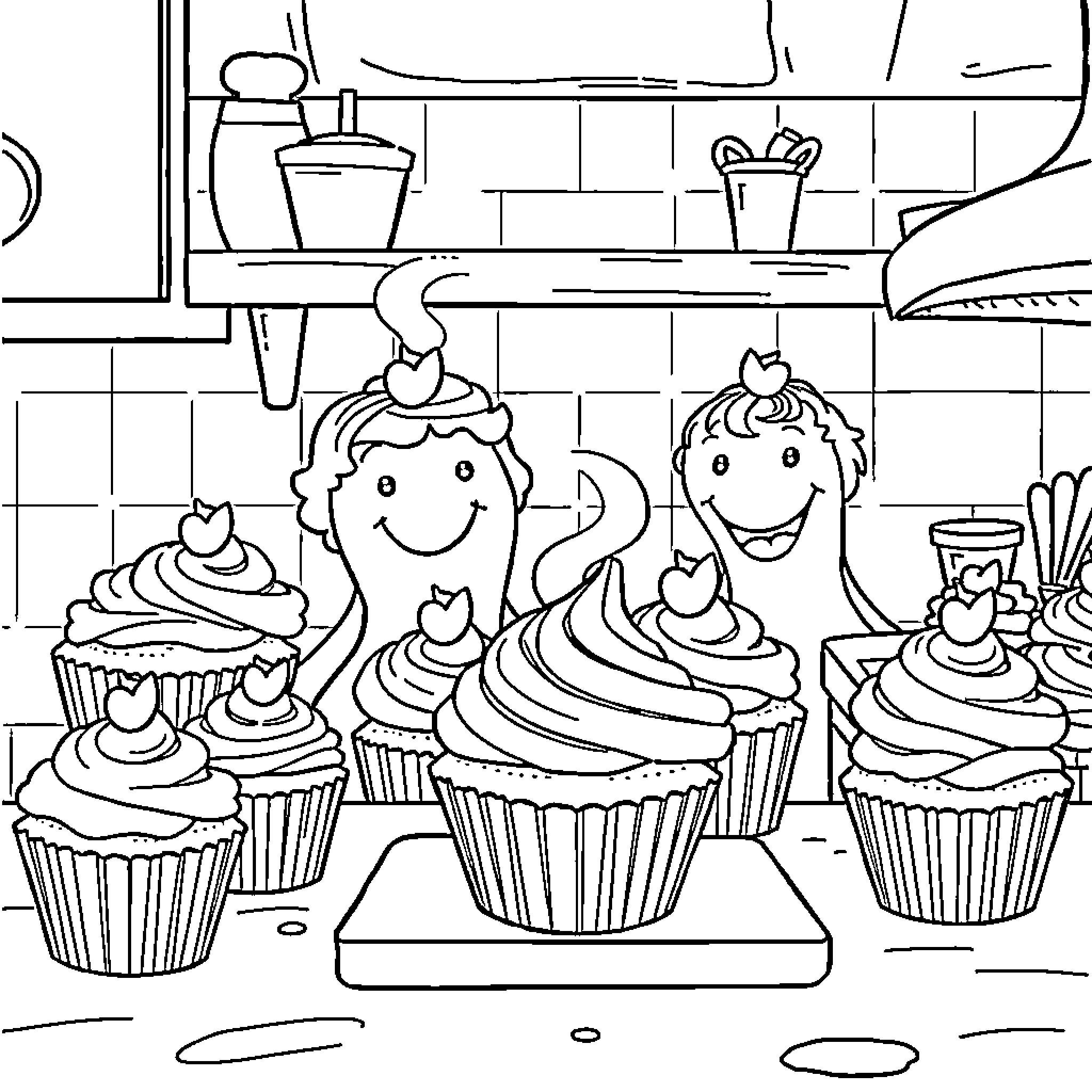 Cupcake Creations in the Kitchen Coloring Page (free black-and-white line drawing printable PDF for all, from beginners to advanced learners, including children, teens, adults, and seniors)