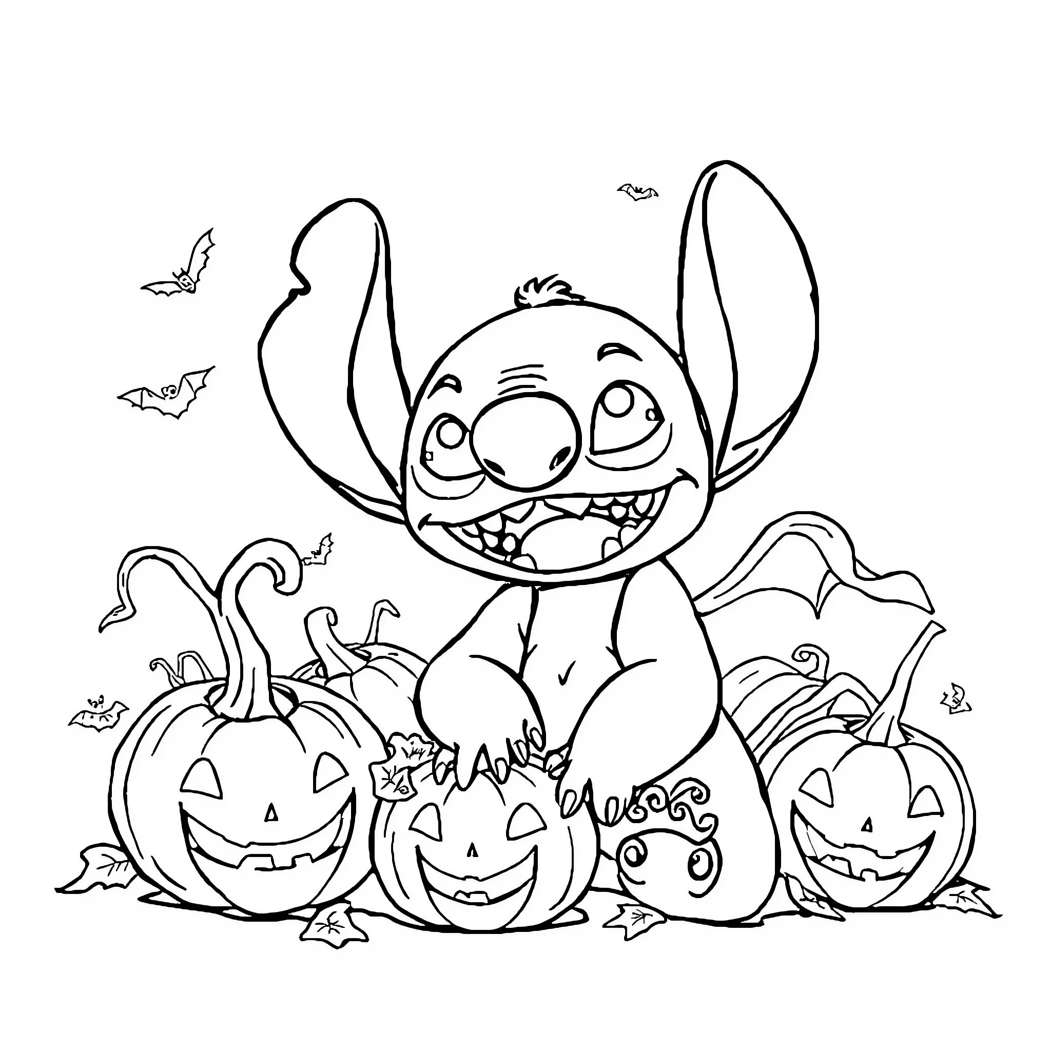 Stitch celebrating Halloween with pumpkins Coloring Page (free black-and-white line drawing printable PDF for all, from beginners to advanced learners, including children, teens, adults, and seniors)