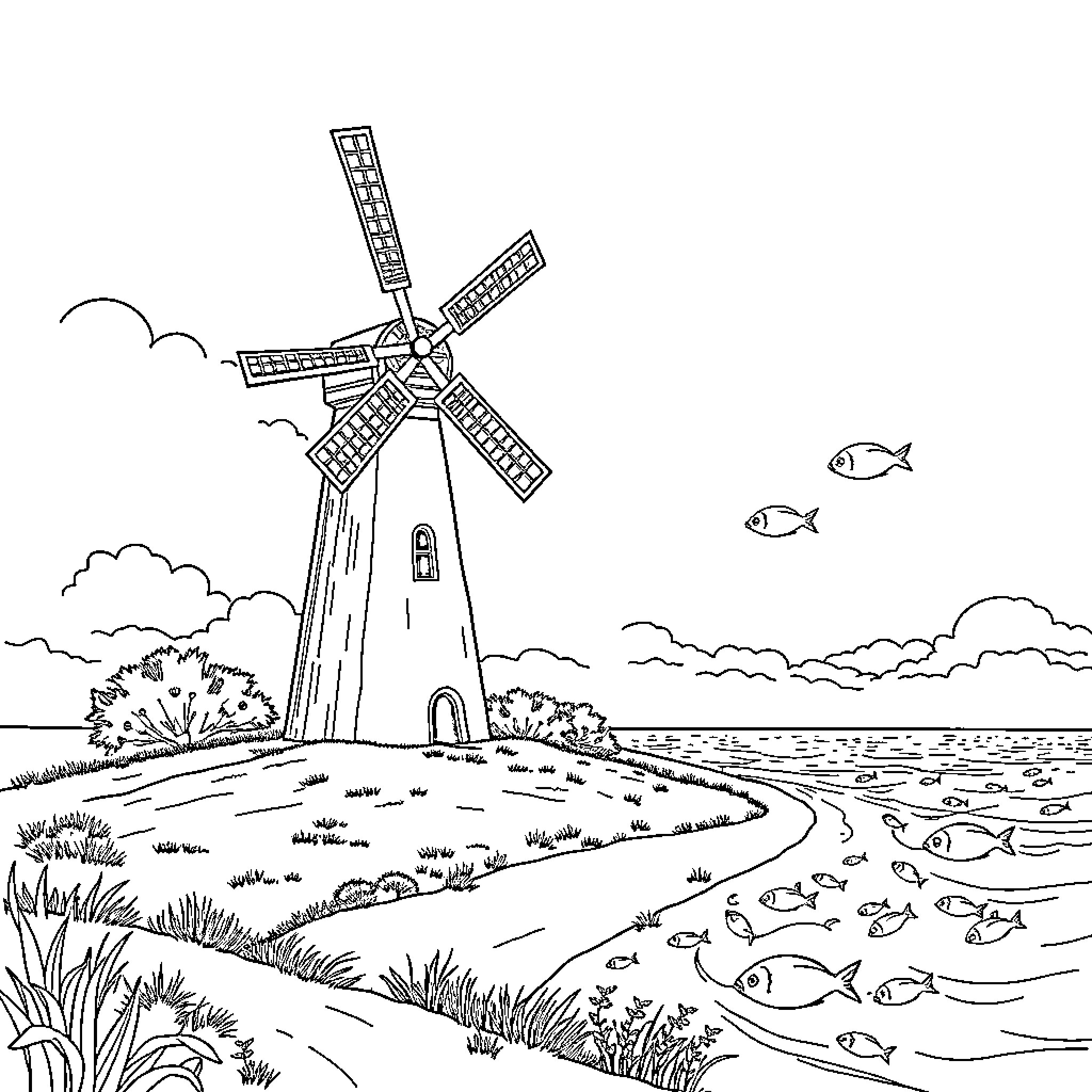 Windmill overlooking a scenic lake Coloring Page (free black-and-white line drawing printable PDF for all, from beginners to advanced learners, including children, teens, adults, and seniors)