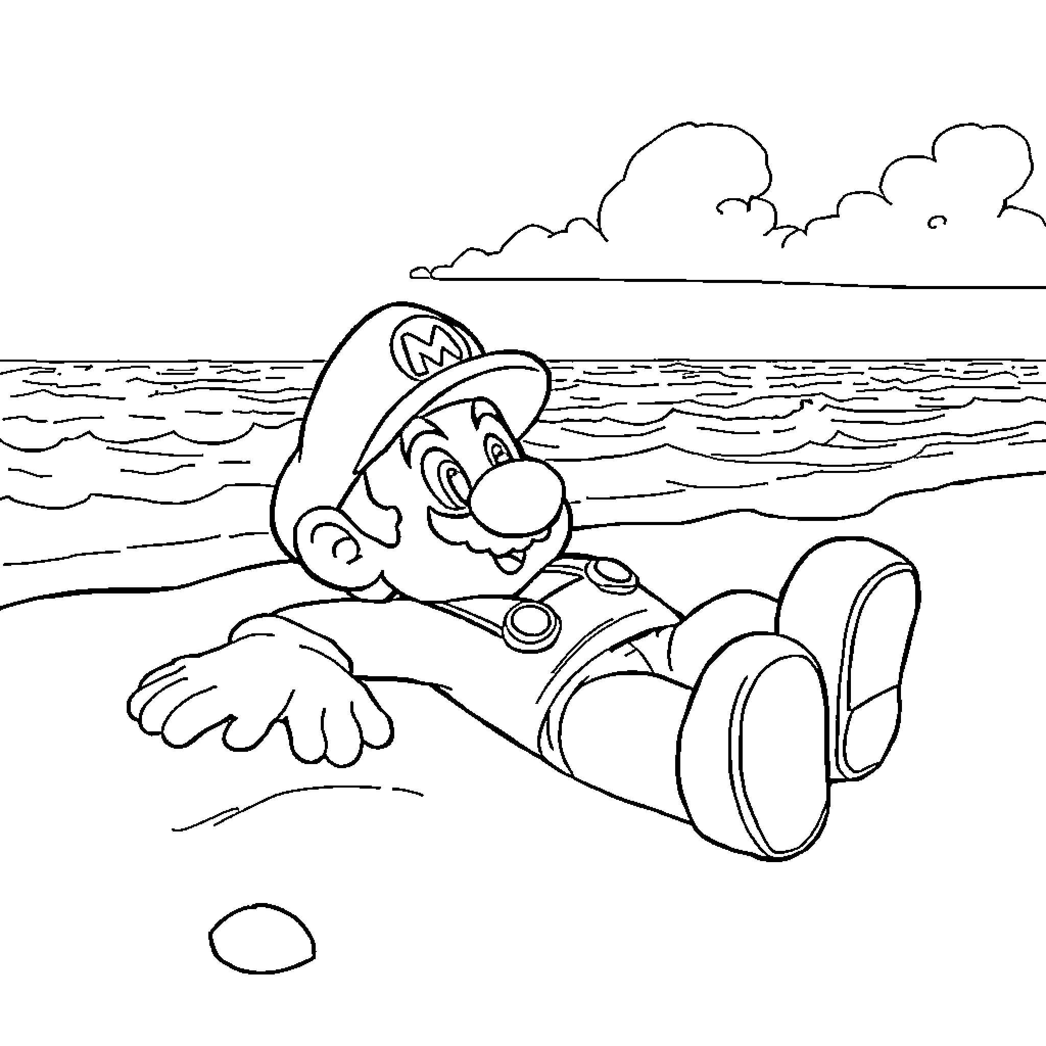 Mario relaxing on the beach Coloring Page (free black-and-white line drawing printable PDF for all, from beginners to advanced learners, including children, teens, adults, and seniors)