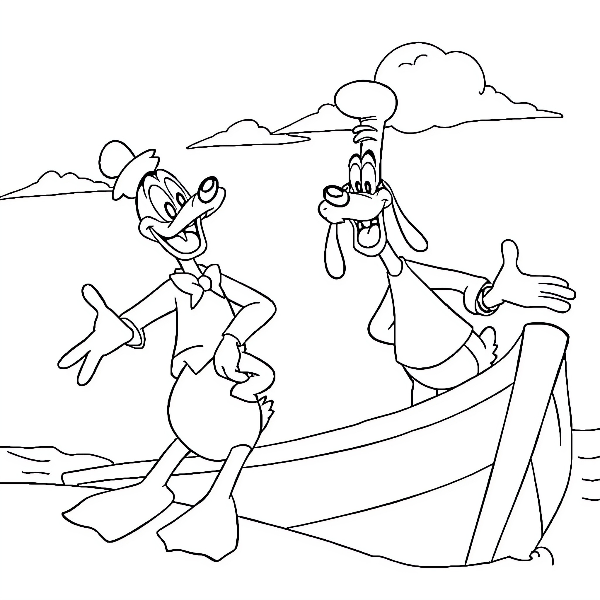 Donald Duck and friend enjoying a boat ride on the lake Coloring Page (free black-and-white line drawing printable PDF for all, from beginners to advanced learners, including children, teens, adults, and seniors)