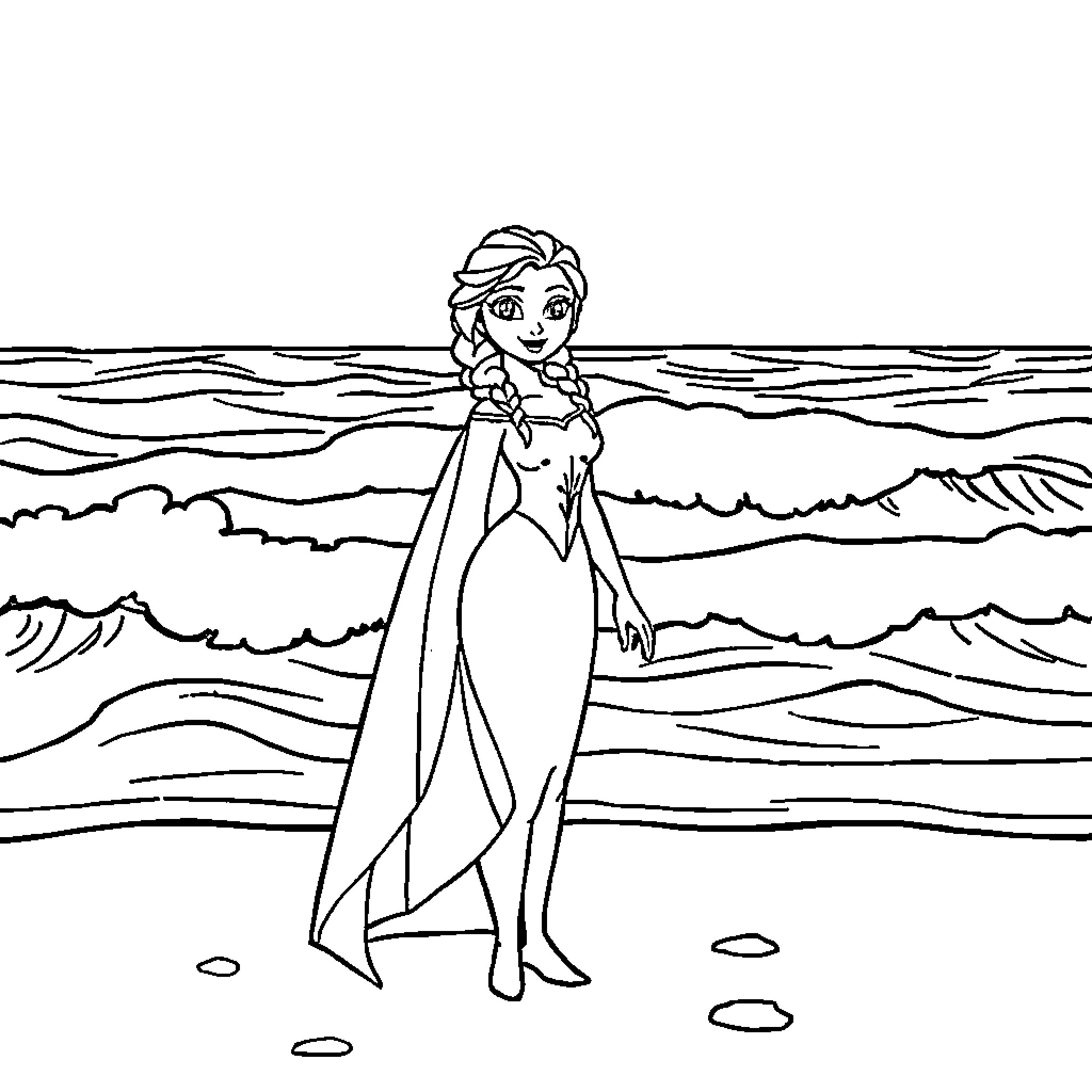 Frozen princess strolling in the waves Coloring Page (free black-and-white line drawing printable PDF for all, from beginners to advanced learners, including children, teens, adults, and seniors)