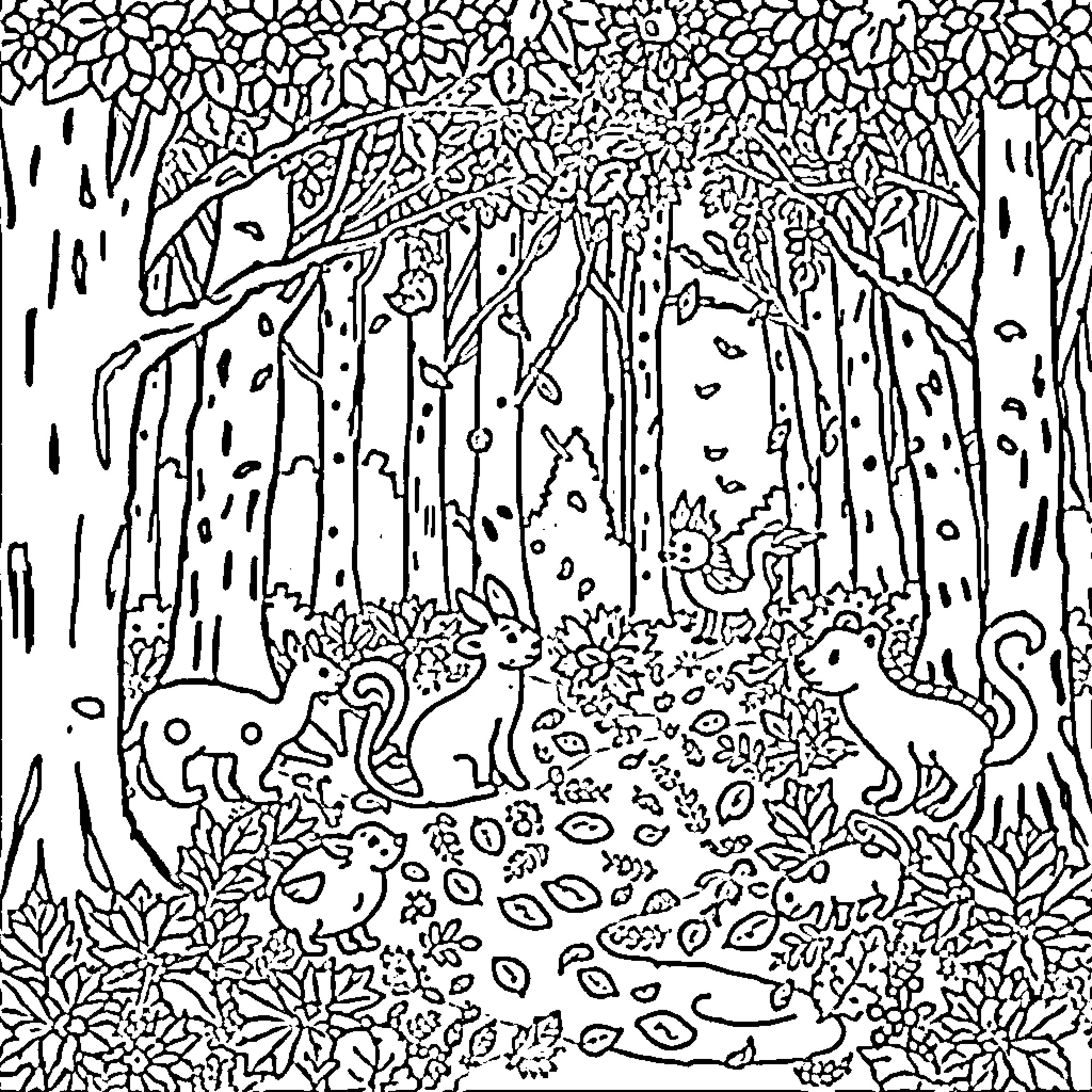 Animal Creatures in Enchanted Forest Coloring Page (free black-and-white line drawing printable PDF for all, from beginners to advanced learners, including children, teens, adults, and seniors)