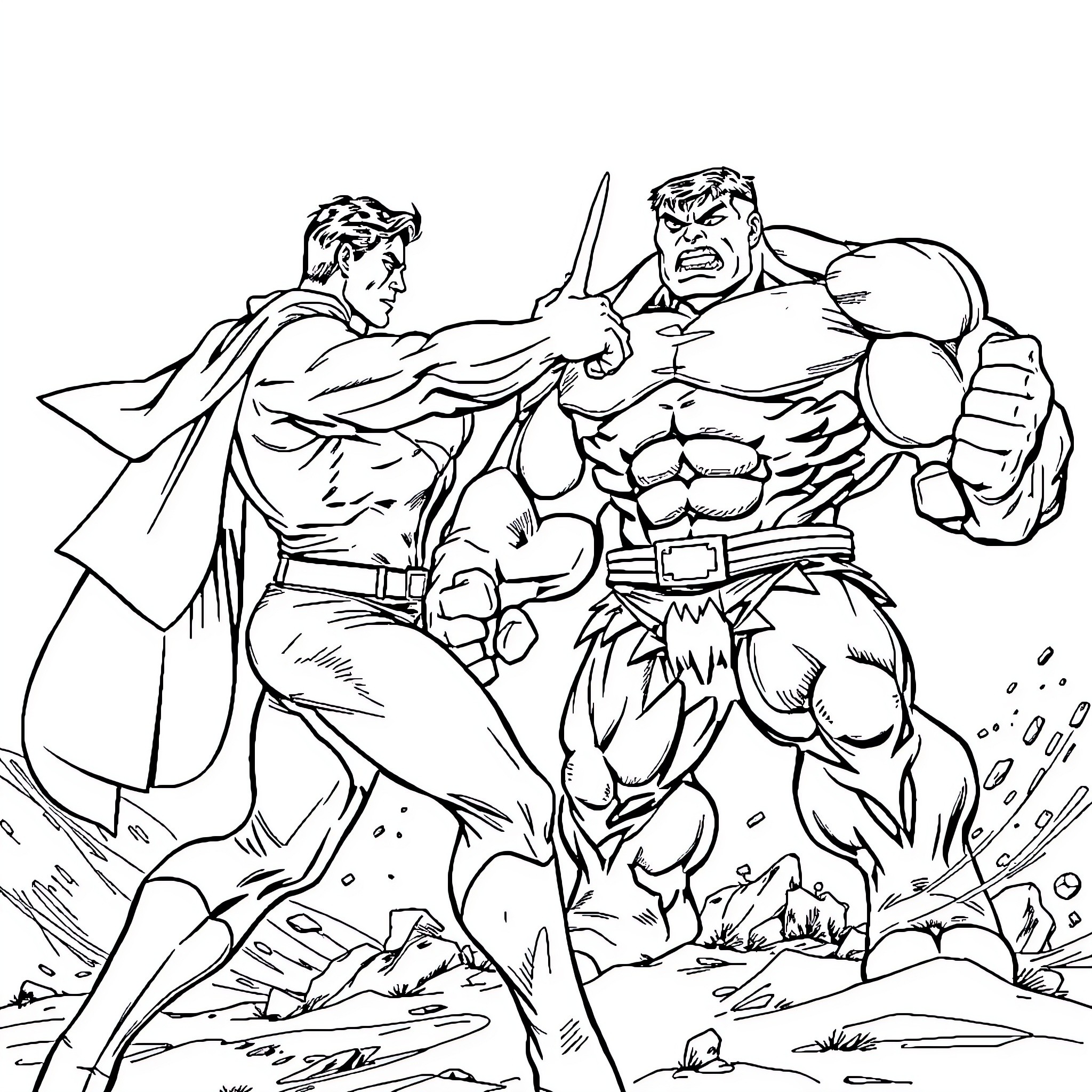 Superman heroically battles a muscular foe in an intense confrontation Coloring Page (free black-and-white line drawing printable PDF for all, from beginners to advanced learners, including children, teens, adults, and seniors)
