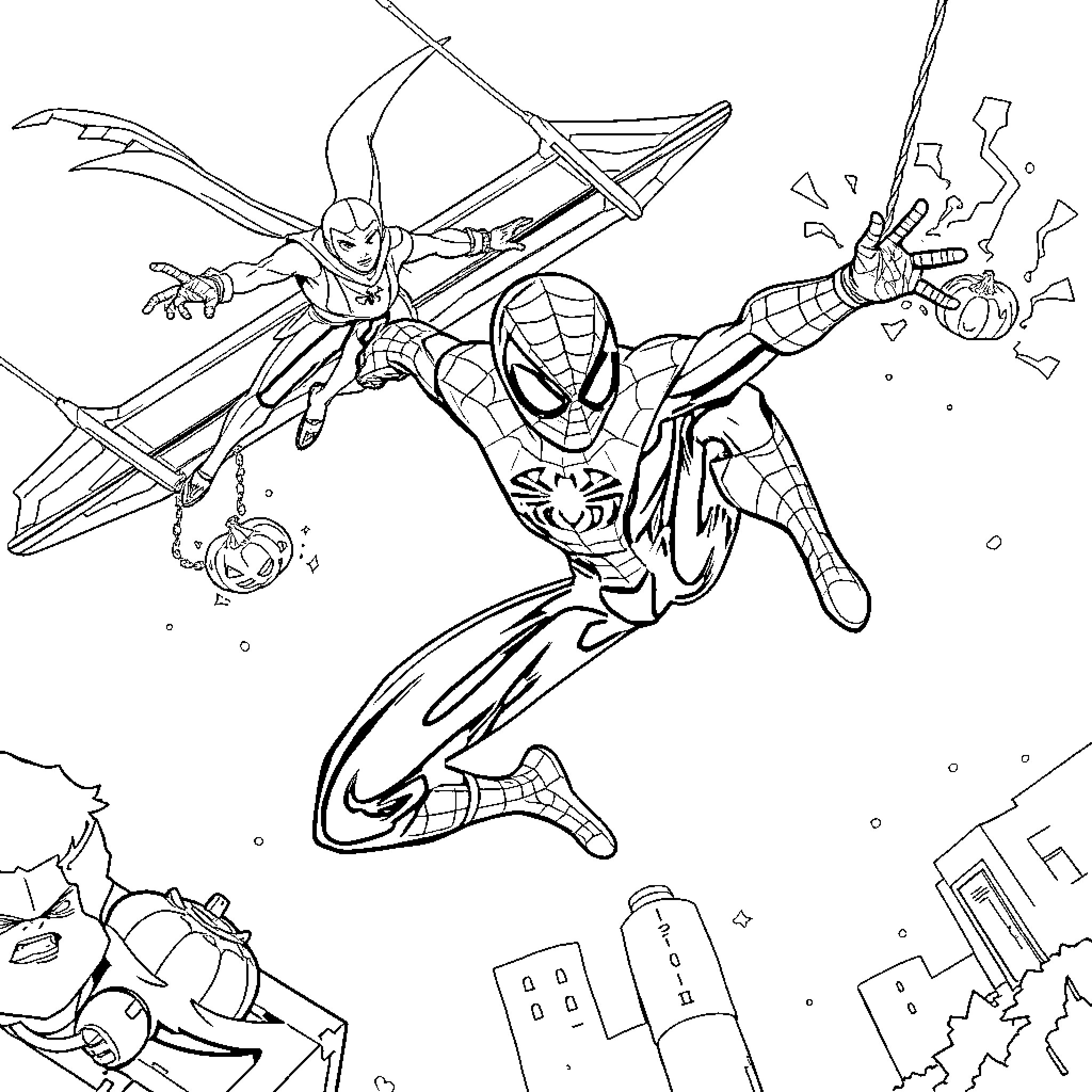 Miles Morales: Heroic Leap in Action-Packed Scene Coloring Page (free black-and-white line drawing printable PDF for all, from beginners to advanced learners, including children, teens, adults, and seniors)