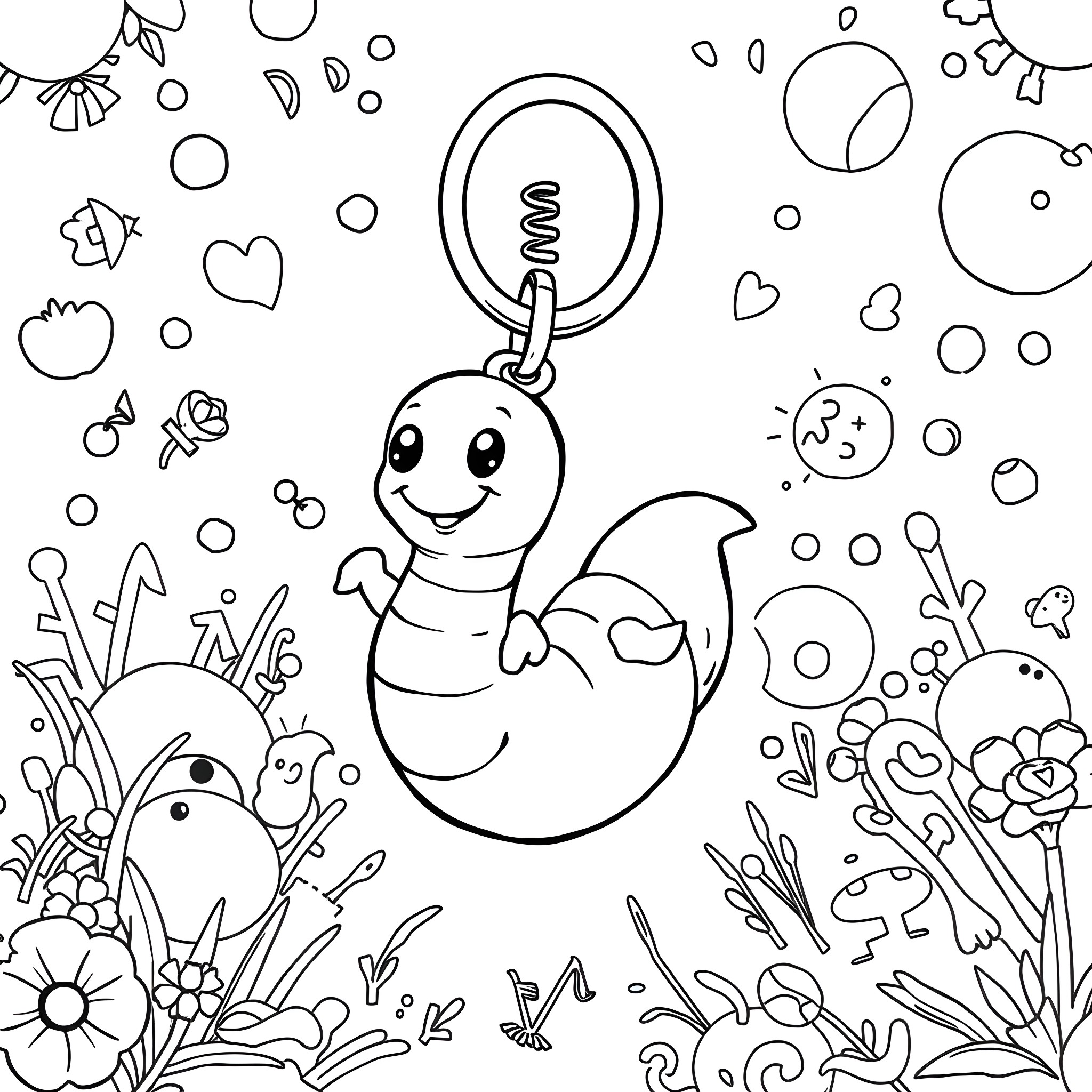Worm keychain in a whimsical garden Coloring Page (free black-and-white line drawing printable PDF for all, from beginners to advanced learners, including children, teens, adults, and seniors)