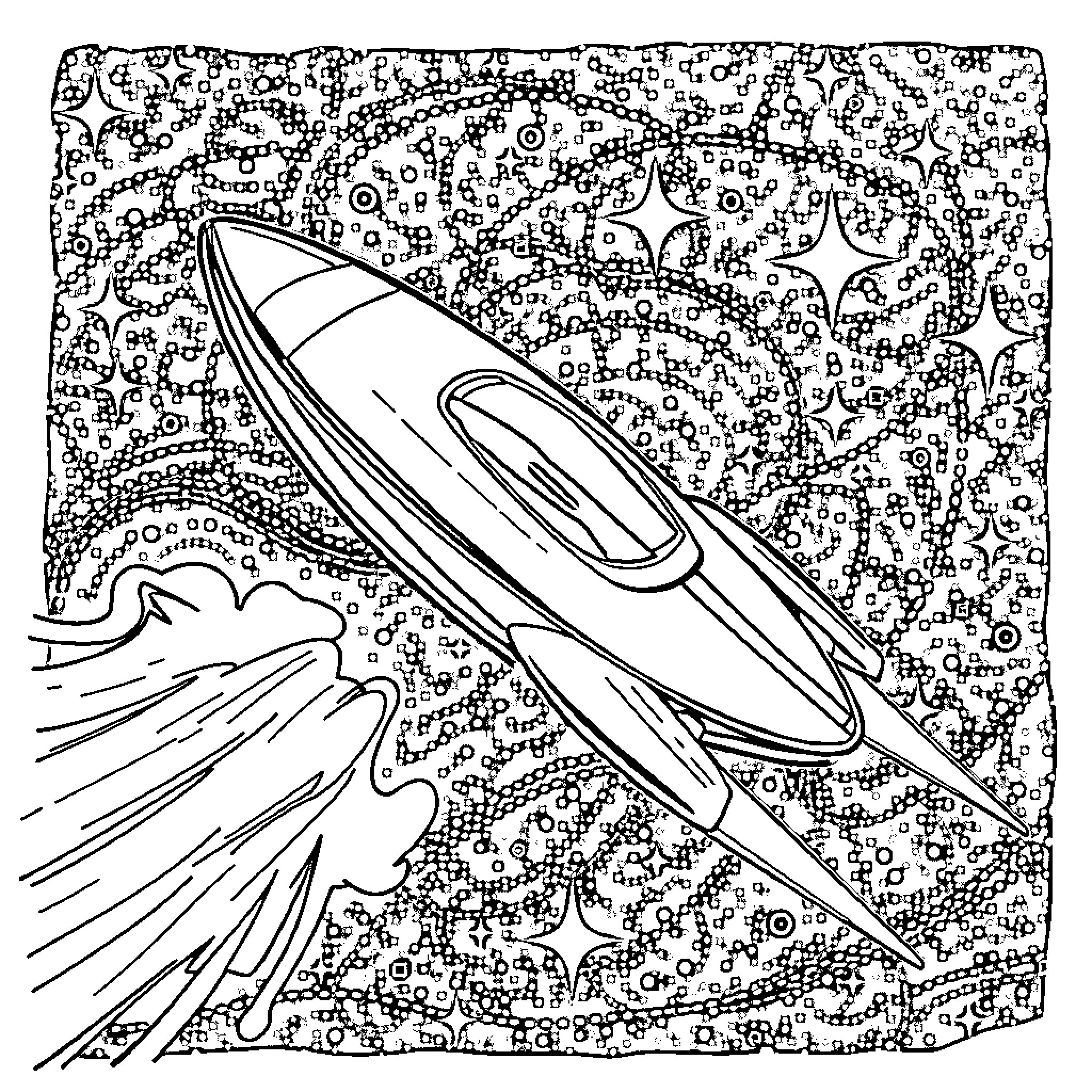 Spaceship soaring through cosmic landscape Coloring Page (free black-and-white line drawing printable PDF for all, from beginners to advanced learners, including children, teens, adults, and seniors)