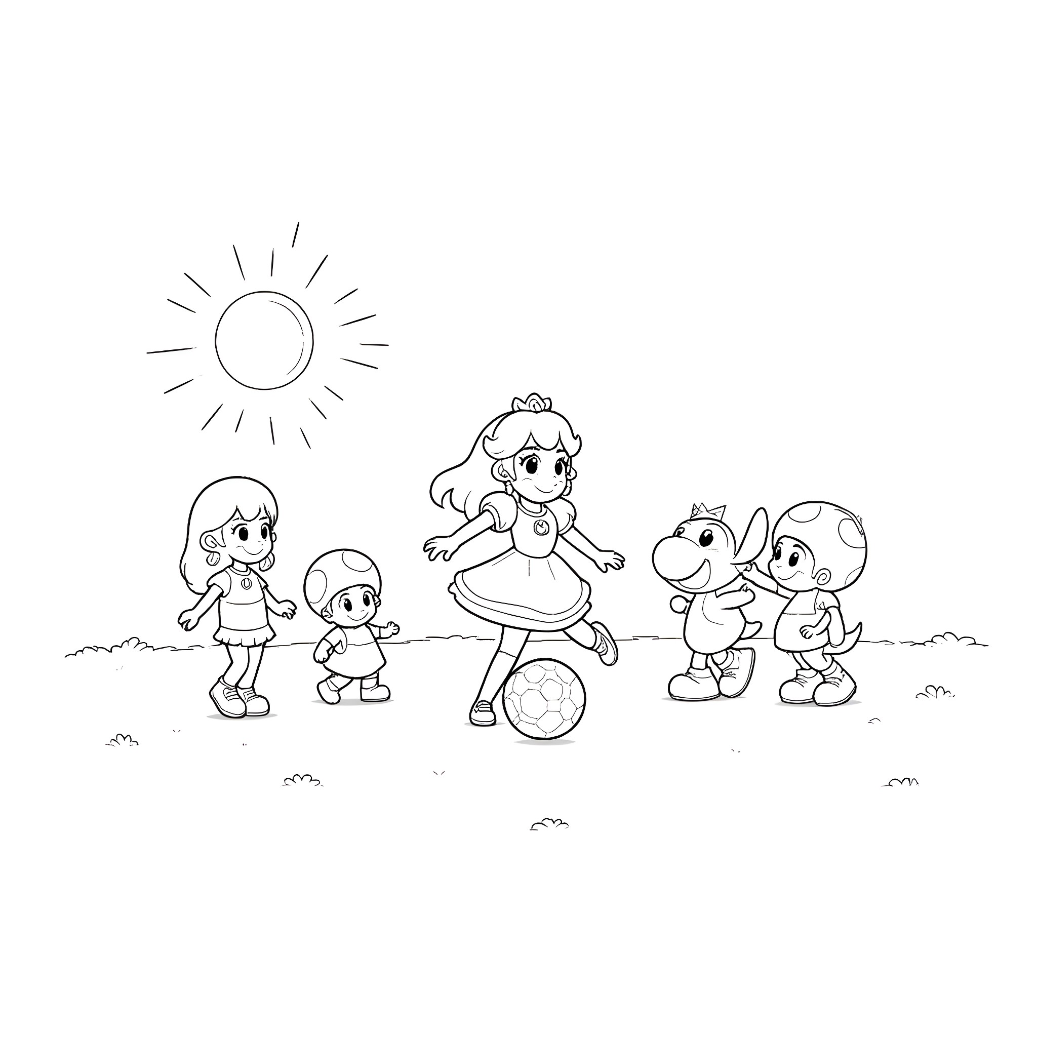 Princess and her friends playing in the park Coloring Page (free black-and-white line drawing printable PDF for all, from beginners to advanced learners, including children, teens, adults, and seniors)