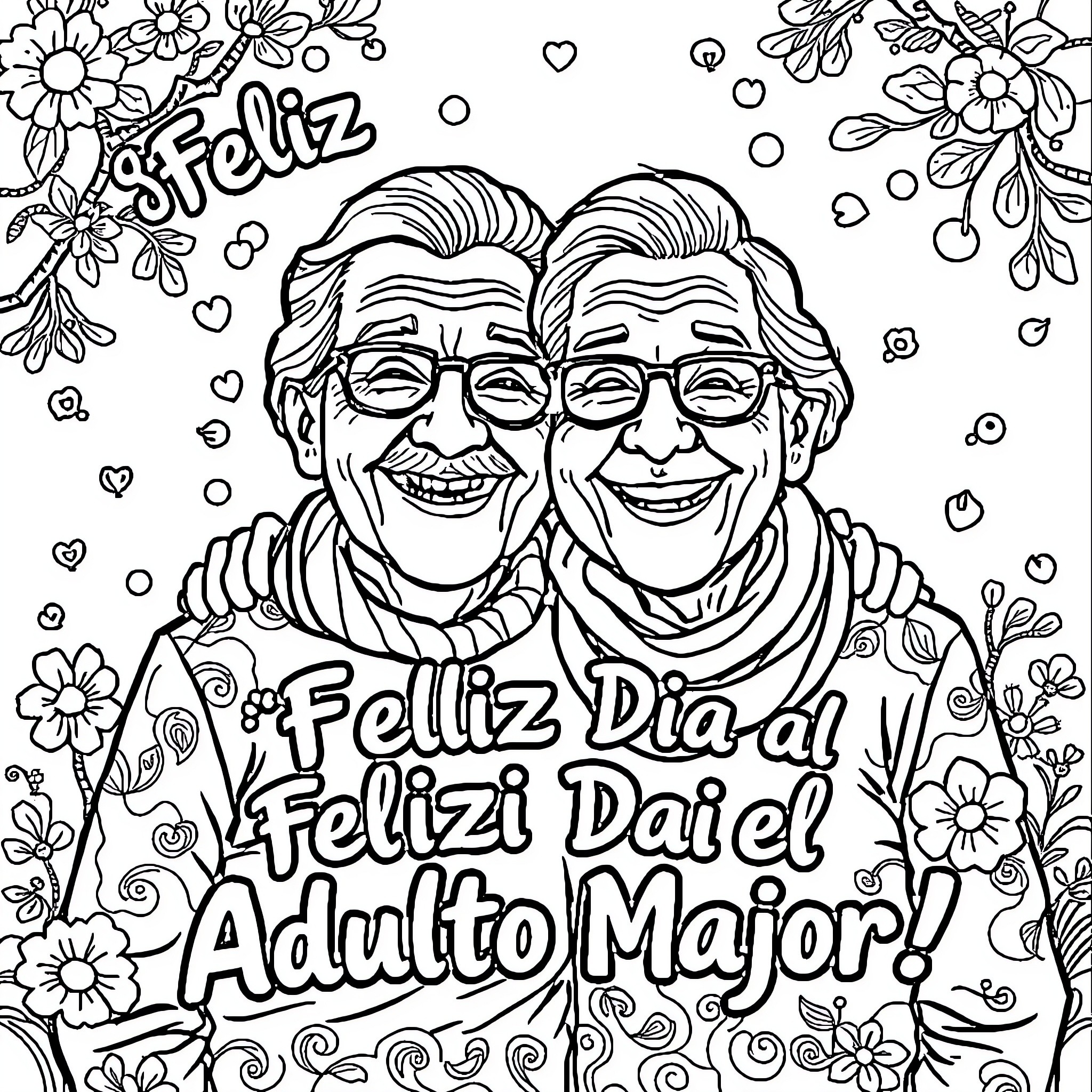 Ancianos celebrando con alegria y florecitas Coloring Page (free black-and-white line drawing printable PDF for all, from beginners to advanced learners, including children, teens, adults, and seniors)