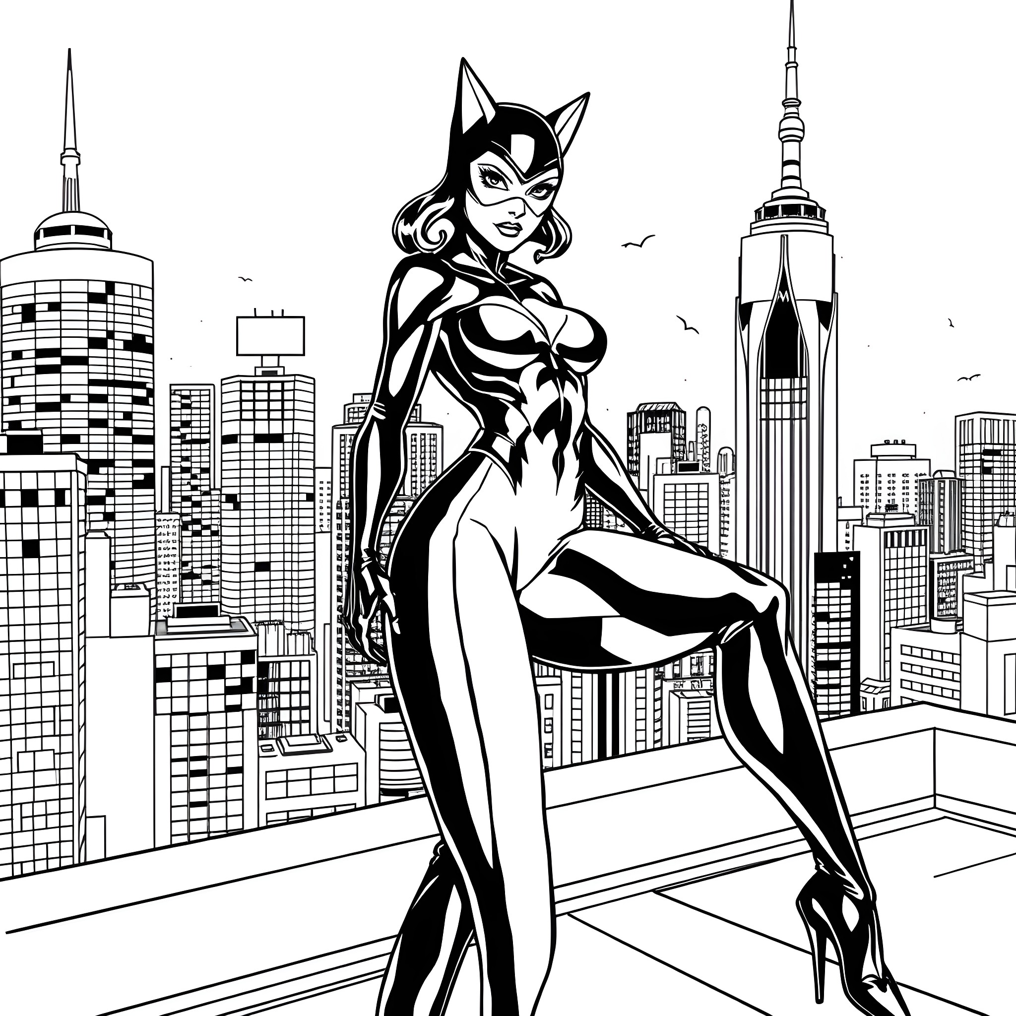 Catwoman prowling the city skyline Coloring Page (free black-and-white line drawing printable PDF for all, from beginners to advanced learners, including children, teens, adults, and seniors)