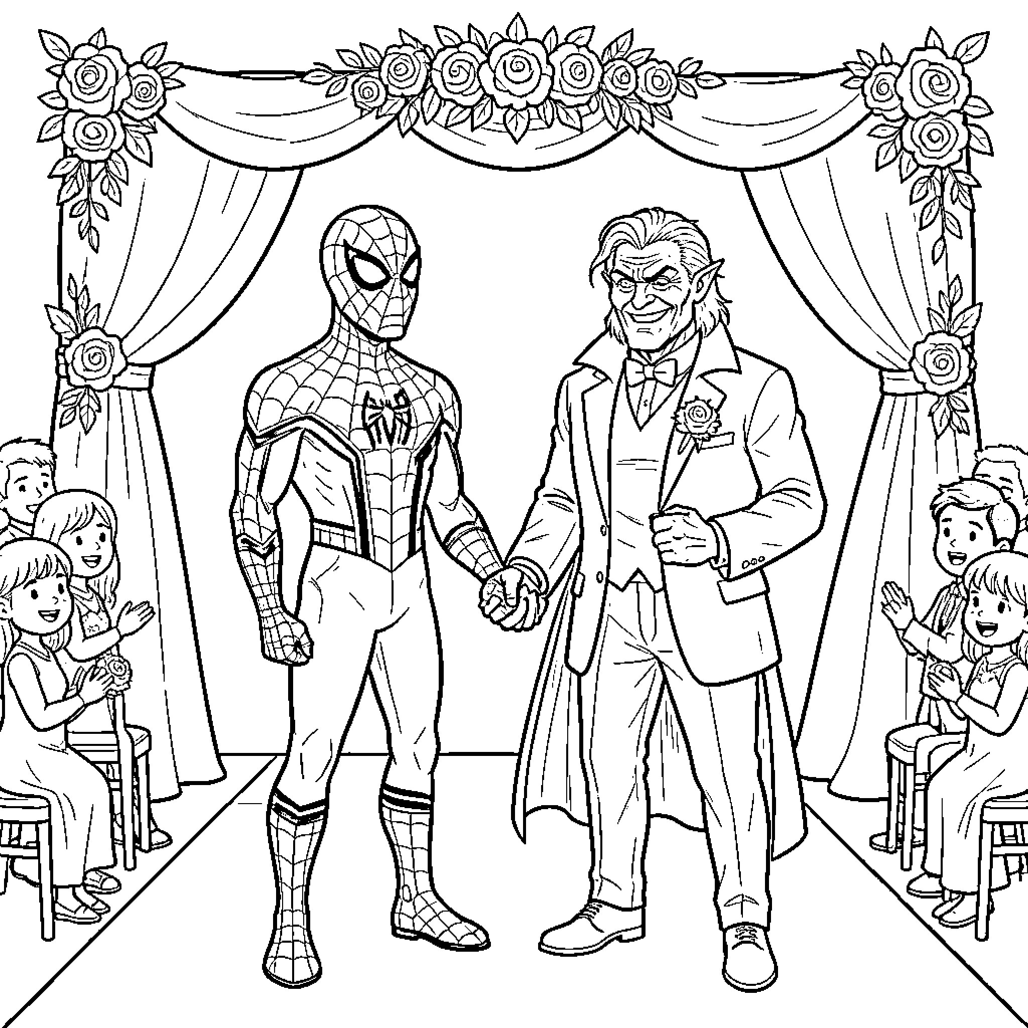 Spiderman holding hands with a character at a wedding Coloring Page (free black-and-white line drawing printable PDF for all, from beginners to advanced learners, including children, teens, adults, and seniors)